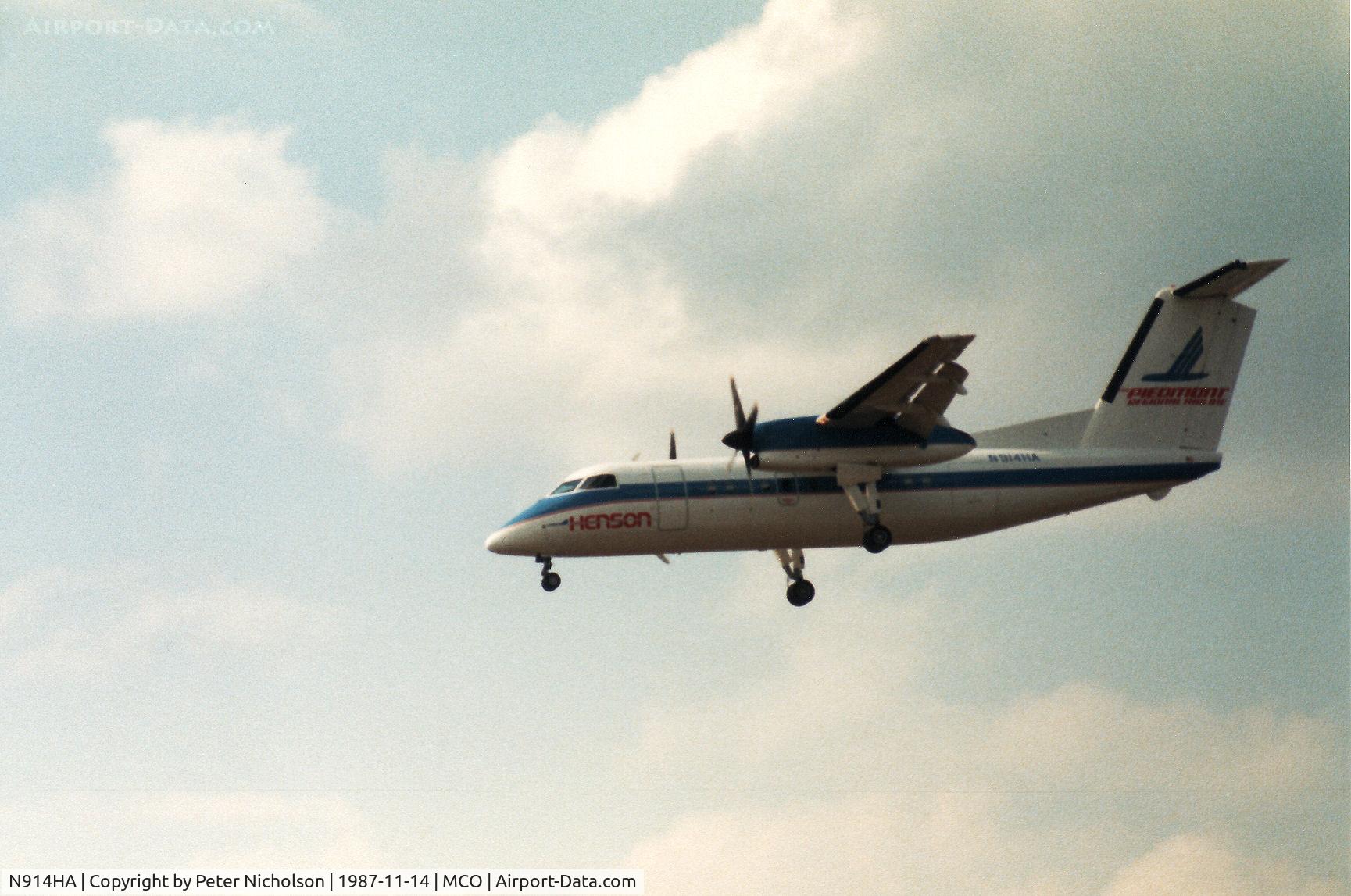 N914HA, 1986 De Havilland Canada DHC-8-102 Dash 8 C/N 053, Dash Eight of Henson Airlines on final approach to Orlando in November 1987.
