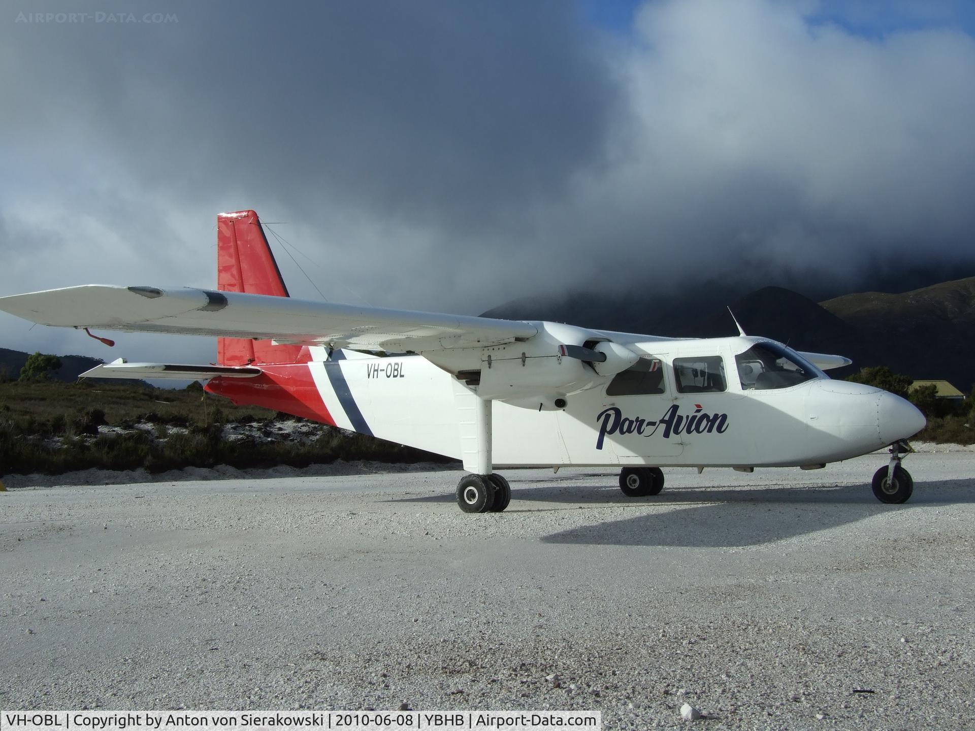 VH-OBL, 1986 Pilatus Britten-Norman BN-2A-20 Islander C/N 2035, Par-Avion BN-2A-20 'Islander' at remote Melaleuca Strip in Tas SW Wilderness NP.