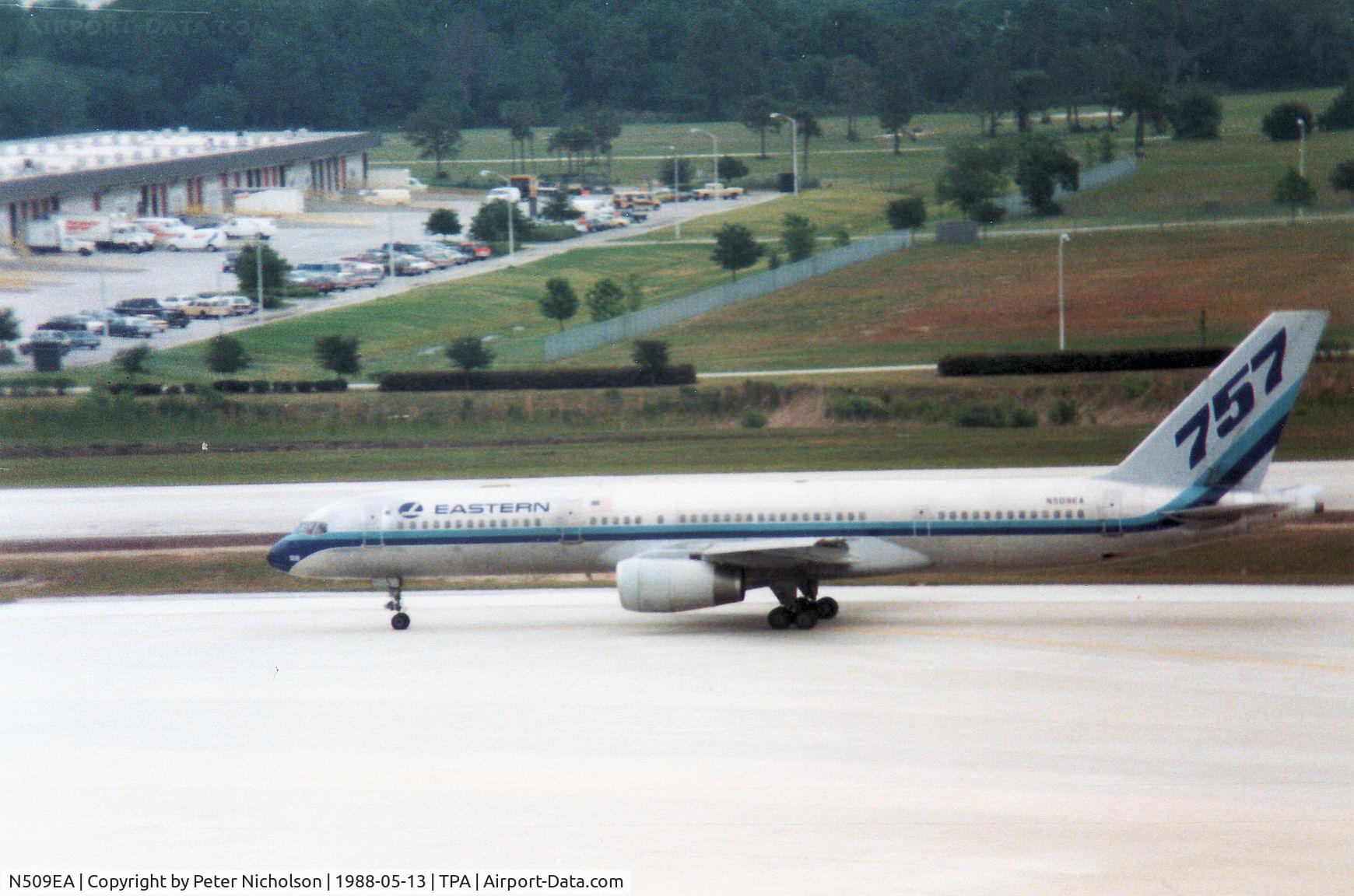 N509EA, 1983 Boeing 757-225 C/N 22199, Boeing 757-225 of Eastern Air Lines taxying to the active runway at Tampa in May 1988.