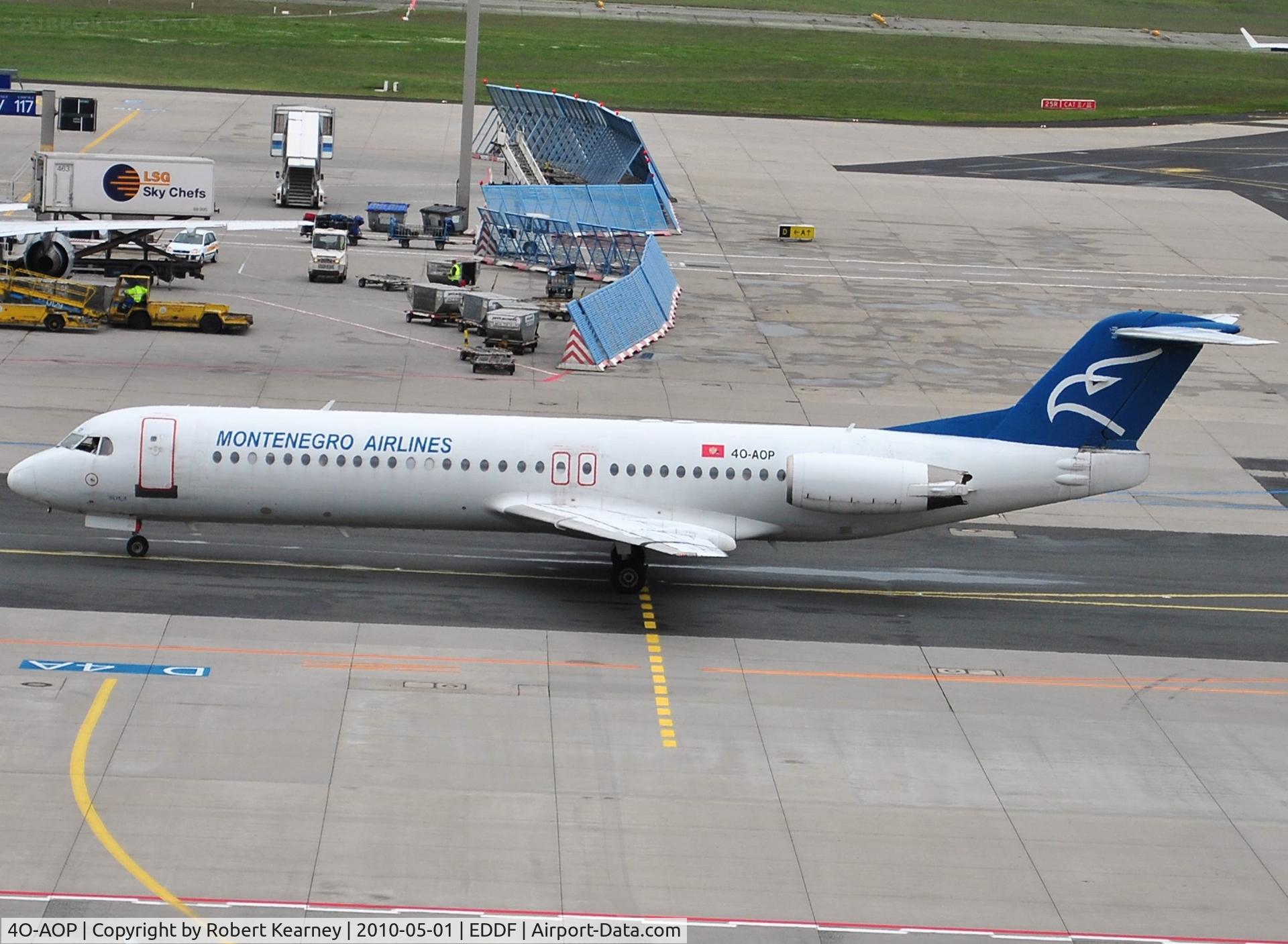 4O-AOP, 1991 Fokker 100 (F-28-0100) C/N 11332, Montenegro Airlines taxiing to park