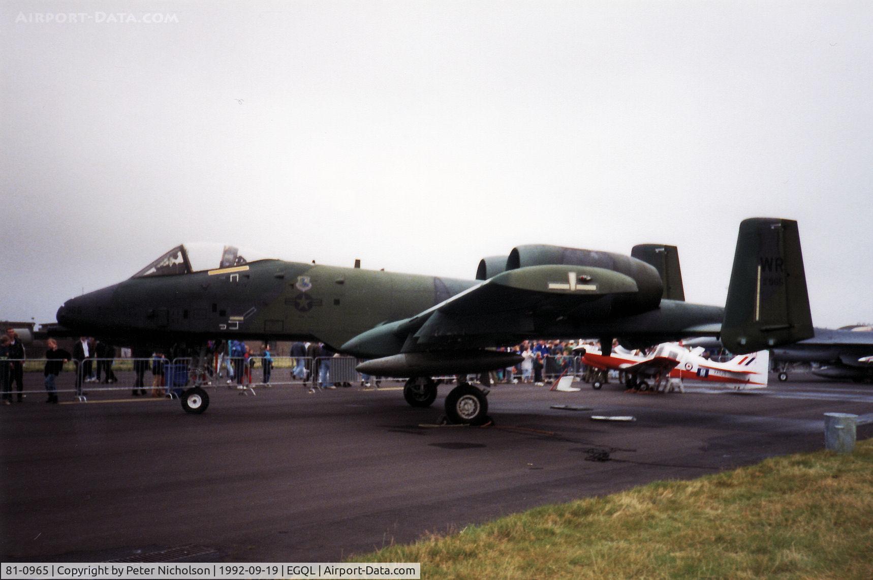 81-0965, 1981 Fairchild Republic A-10A Thunderbolt II C/N A10-0660, A-10A Thunderbolt of the 81st Fighter Wing on display at the 1992 RAF Leuchars Airshow was later to serve with the Connecticut Air National Guard.