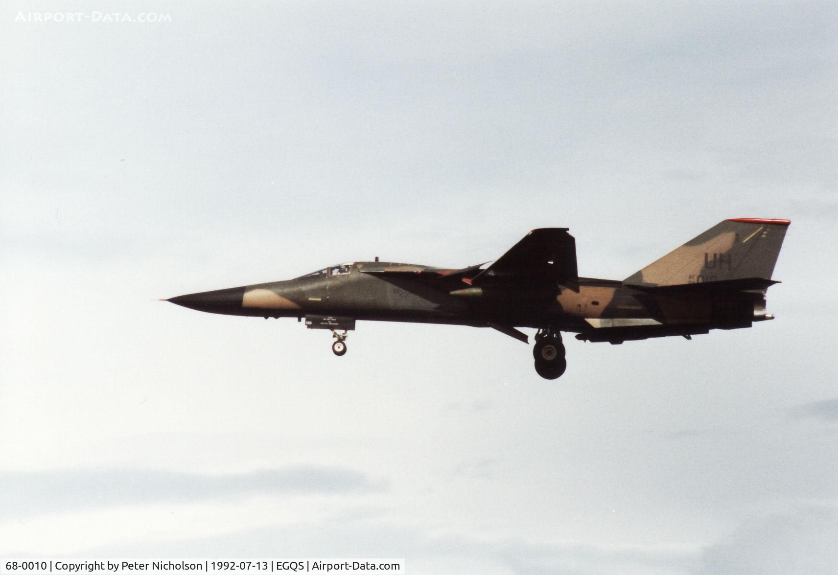 68-0010, 1968 General Dynamics F-111E Aardvark C/N A1-179, F-111E, callsign Zulu 31, of 77th Fighter Squadron/20th Fighter Wing at RAF Upper Heyford on a practice approach to RAF Lossiemouth in the Summer of 1992.