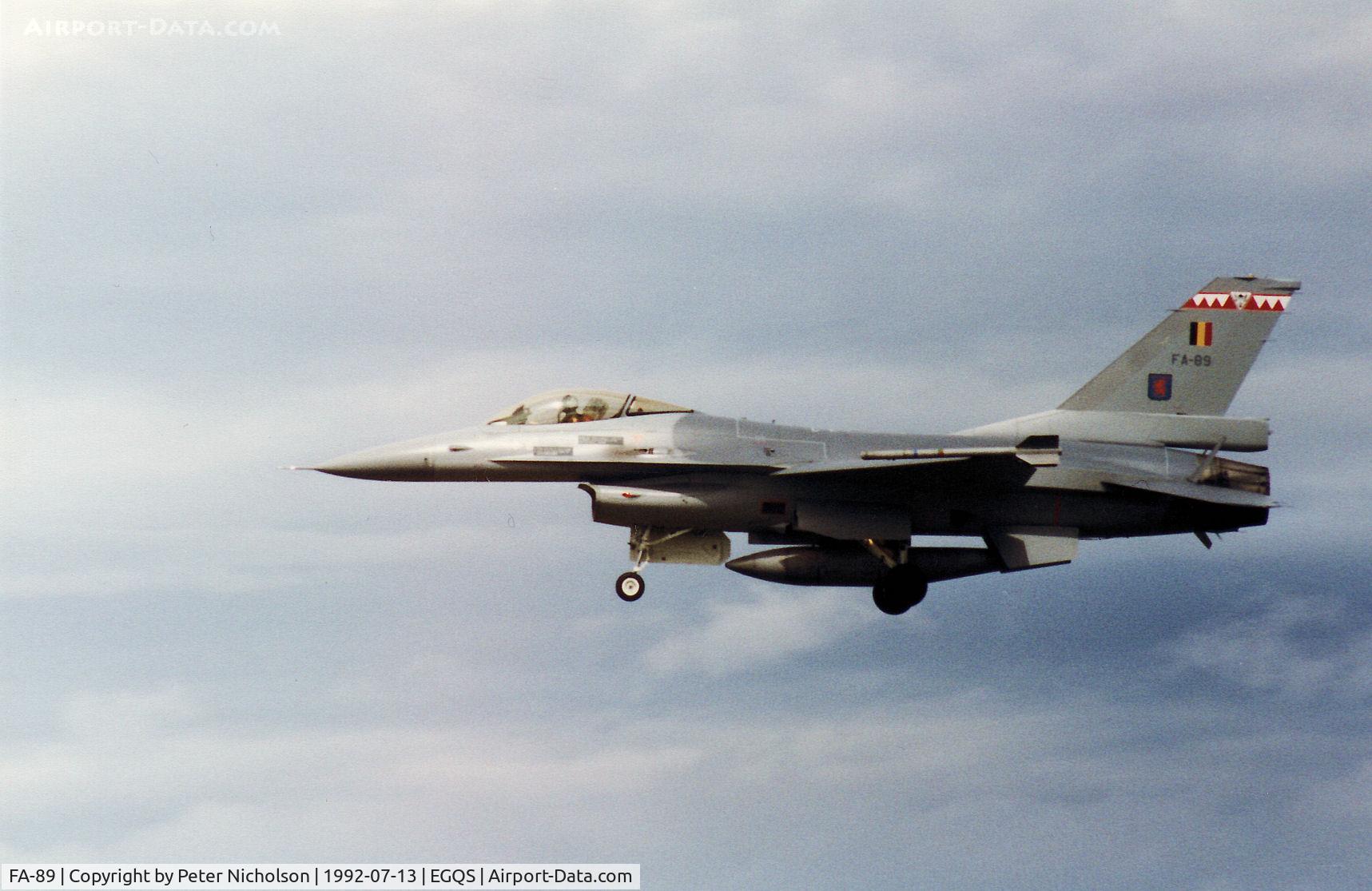 FA-89, SABCA F-16AM Fighting Falcon C/N 6H-89, F-16A Falcon of 23 Squadron Belgian Air Force on final approach to RAF Lossiemouth in the Summer of 1992.