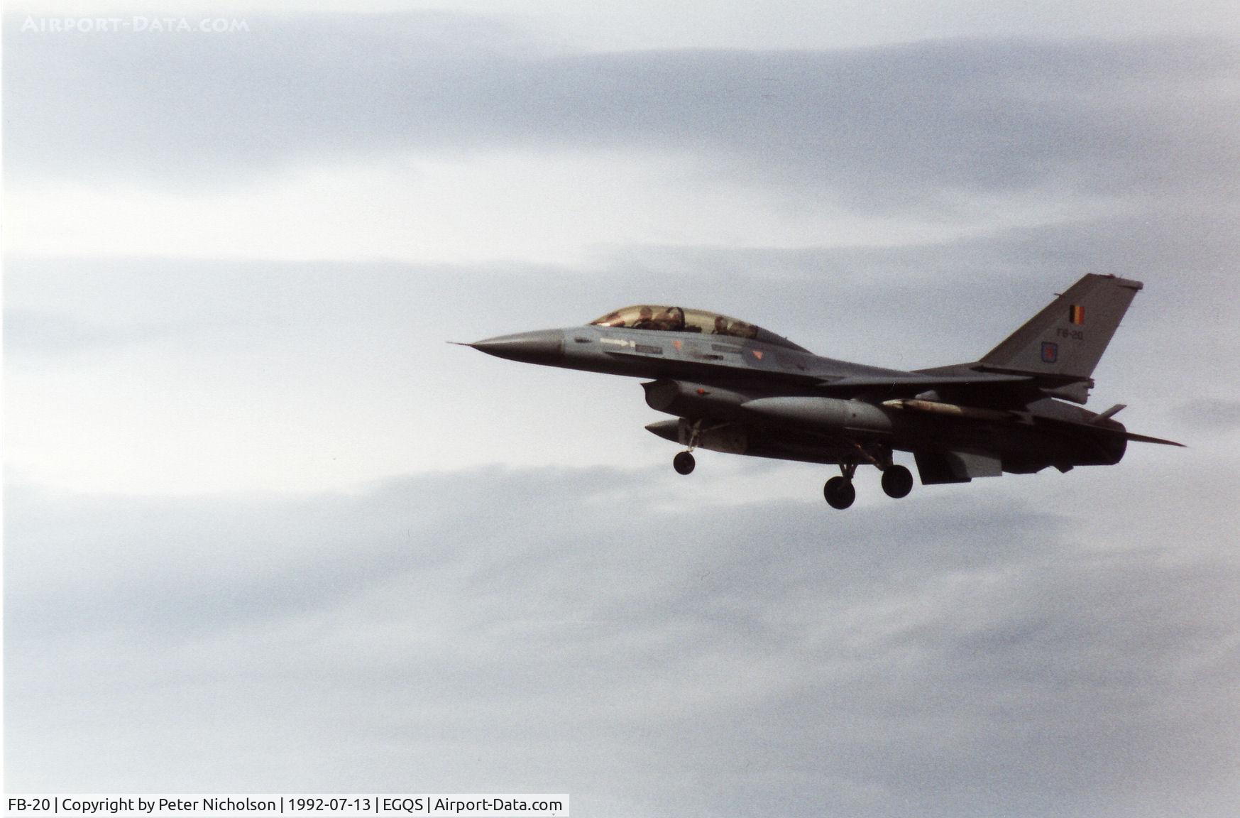 FB-20, 1980 General Dynamics F-16BM Fighting Falcon C/N 6J-20, F-16B Falcon of 10 Wing Belgian Air Force on final approach to RAF Lossiemouth in the Summer of 1992.