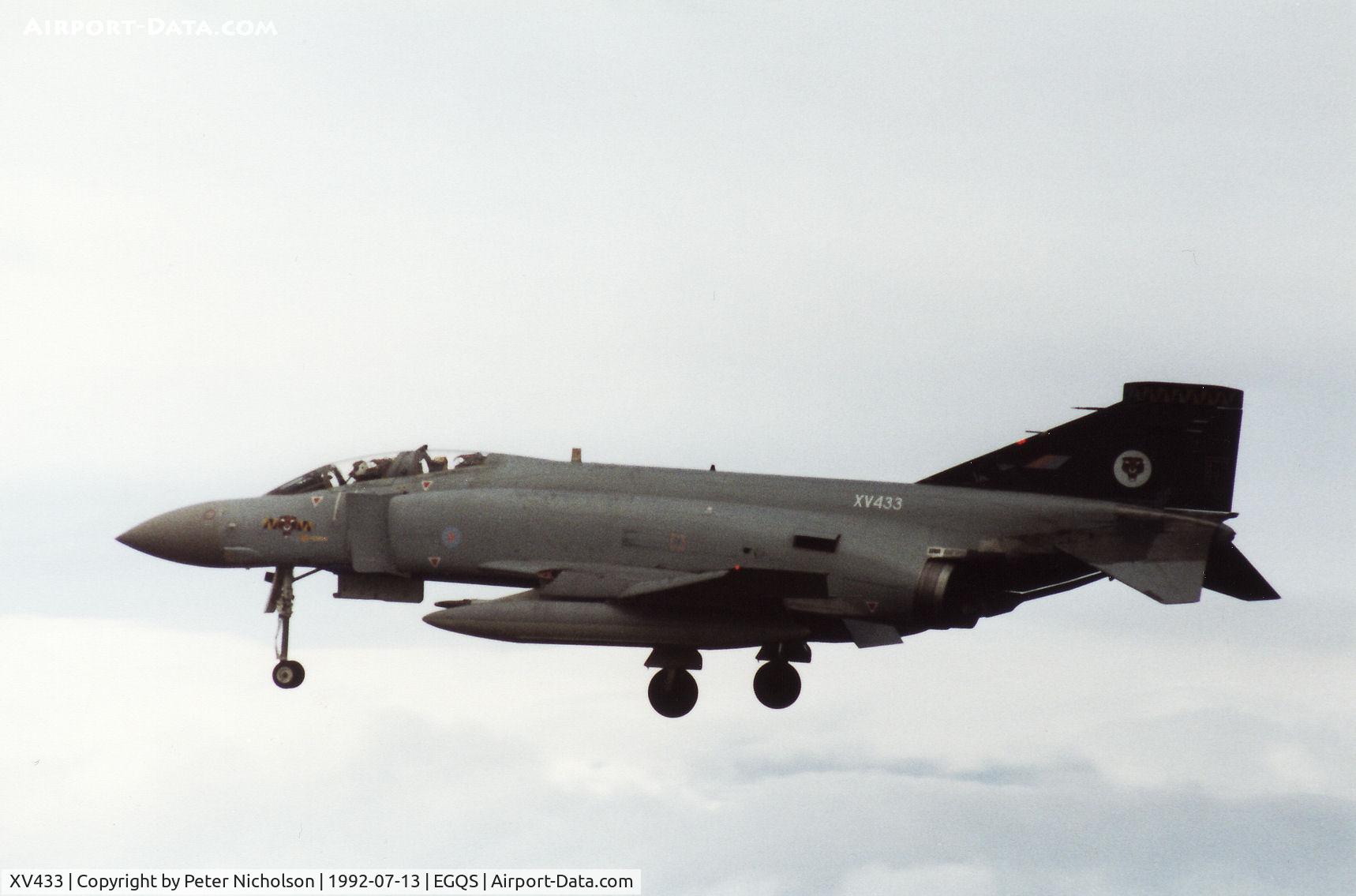 XV433, 1969 McDonnell Douglas Phantom FGR2 C/N 3158/9263, Phantom FGR.2 of 74 Squadron at RAF Wattisham on final approach to RAF Lossiemouth in the Summer of 1992.