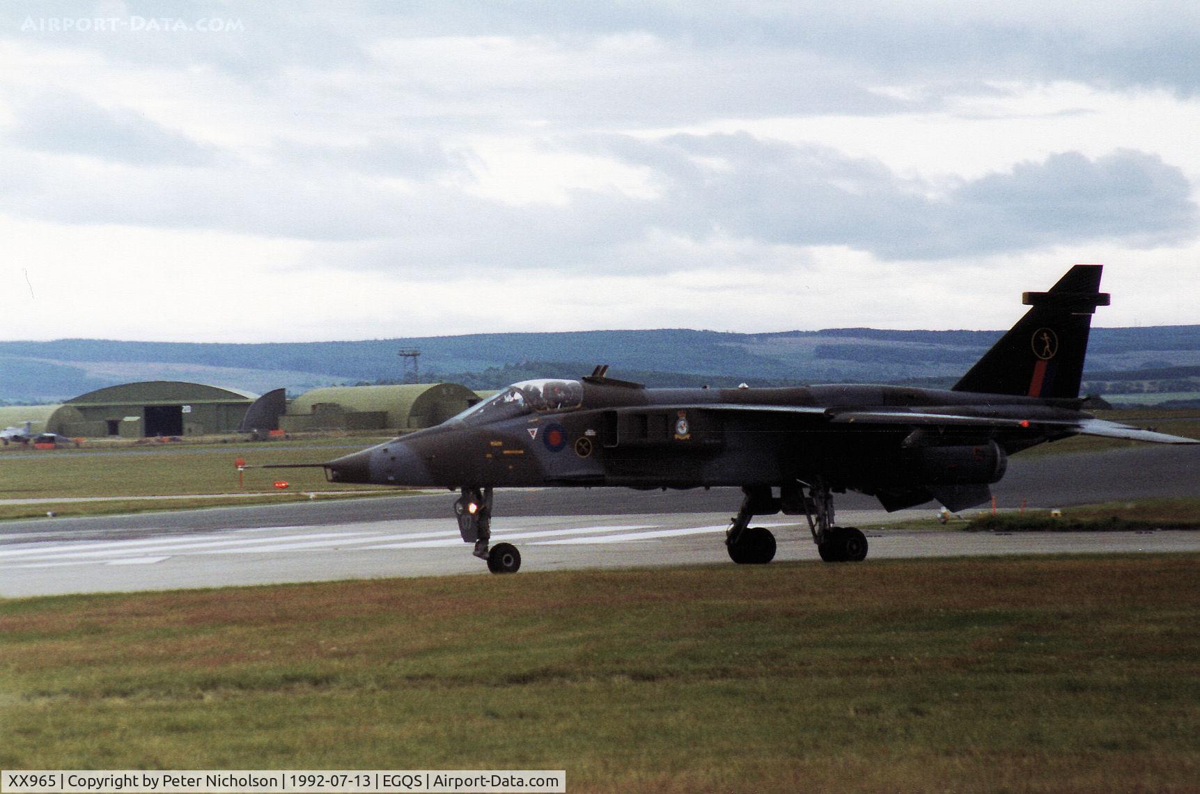 XX965, 1975 Sepecat Jaguar GR.1A C/N S.87, Jaguar GR.1A of 226 Operational Conversion Unit taxying to the active runway at RAF Lossiemouth in the Summer of 1992.