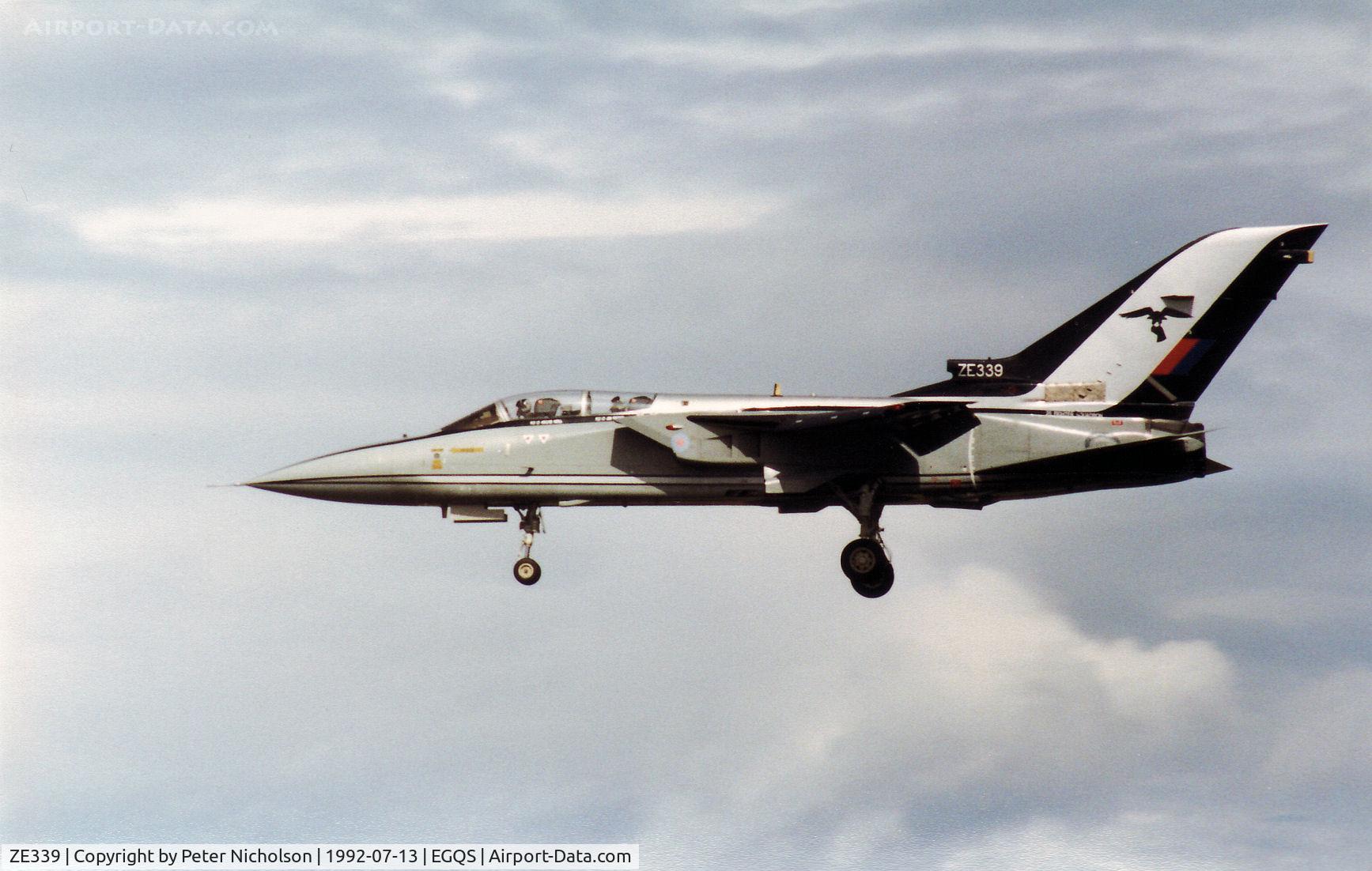 ZE339, 1987 Panavia Tornado F.3 C/N AS042/641/3287, Tornado F.3 of RAF Leeming's 25 Squadron, wearing the 1992 season's display colours, on final approach to RAF Lossiemouth in the Summer of 1992.
