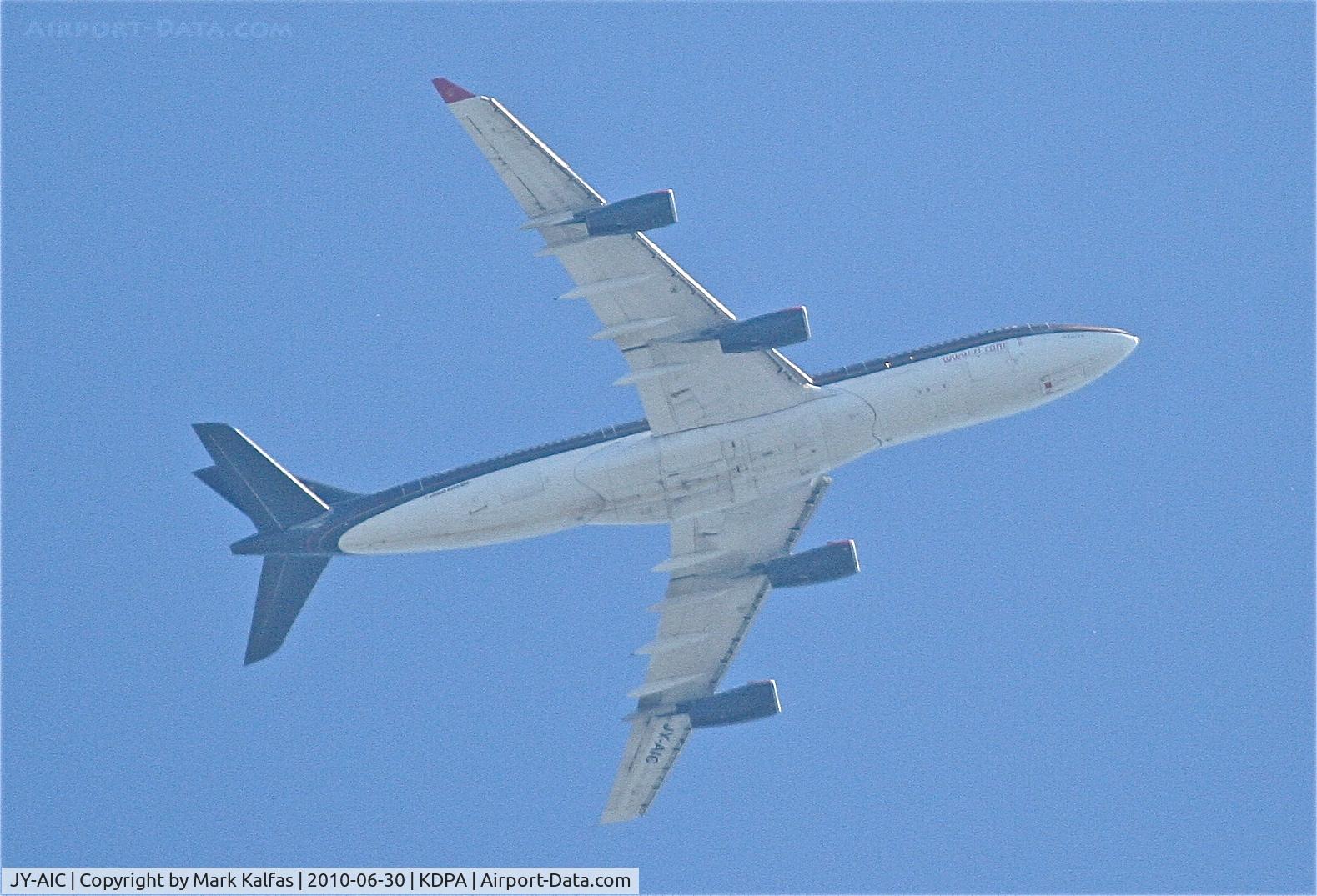 JY-AIC, 1993 Airbus A340-212 C/N 14, Royal Jordanian Airbus A340-212,  RJA 263 over KDPA, downwind for RWY 10 KORD, arriving from OJAI (Queen Alia Int'l Airport Amman).
