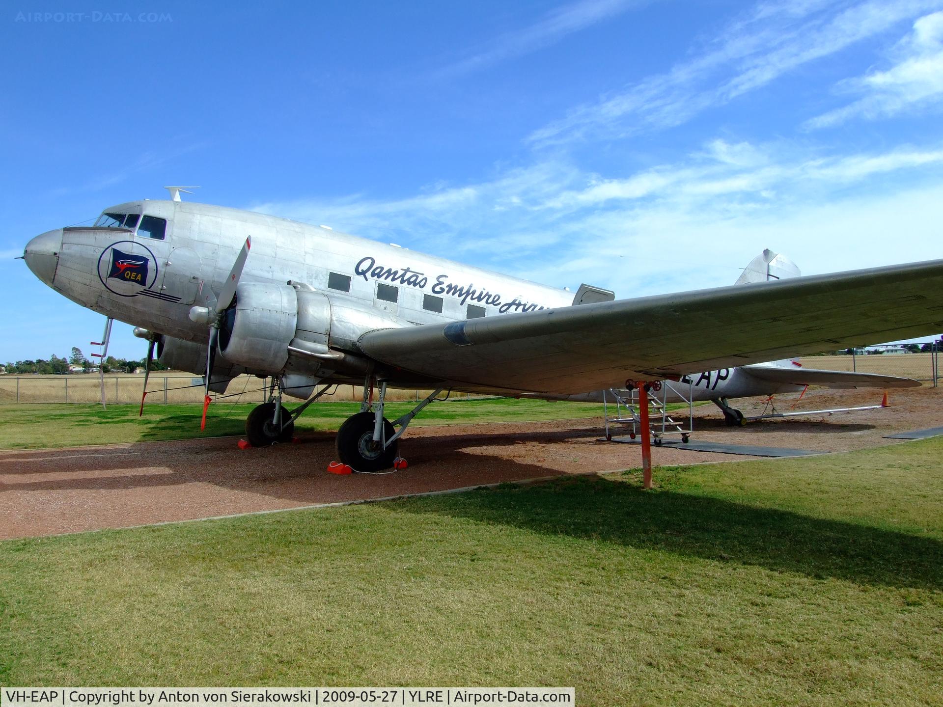 VH-EAP, Douglas DC-3 (C-47A) C/N 12873, VH-EAP @ YLRE Douglas DC-3 (C-47 conversion) (CN: 17696).  Static display at Qantas Museum at Longreach, Qld, Au.
