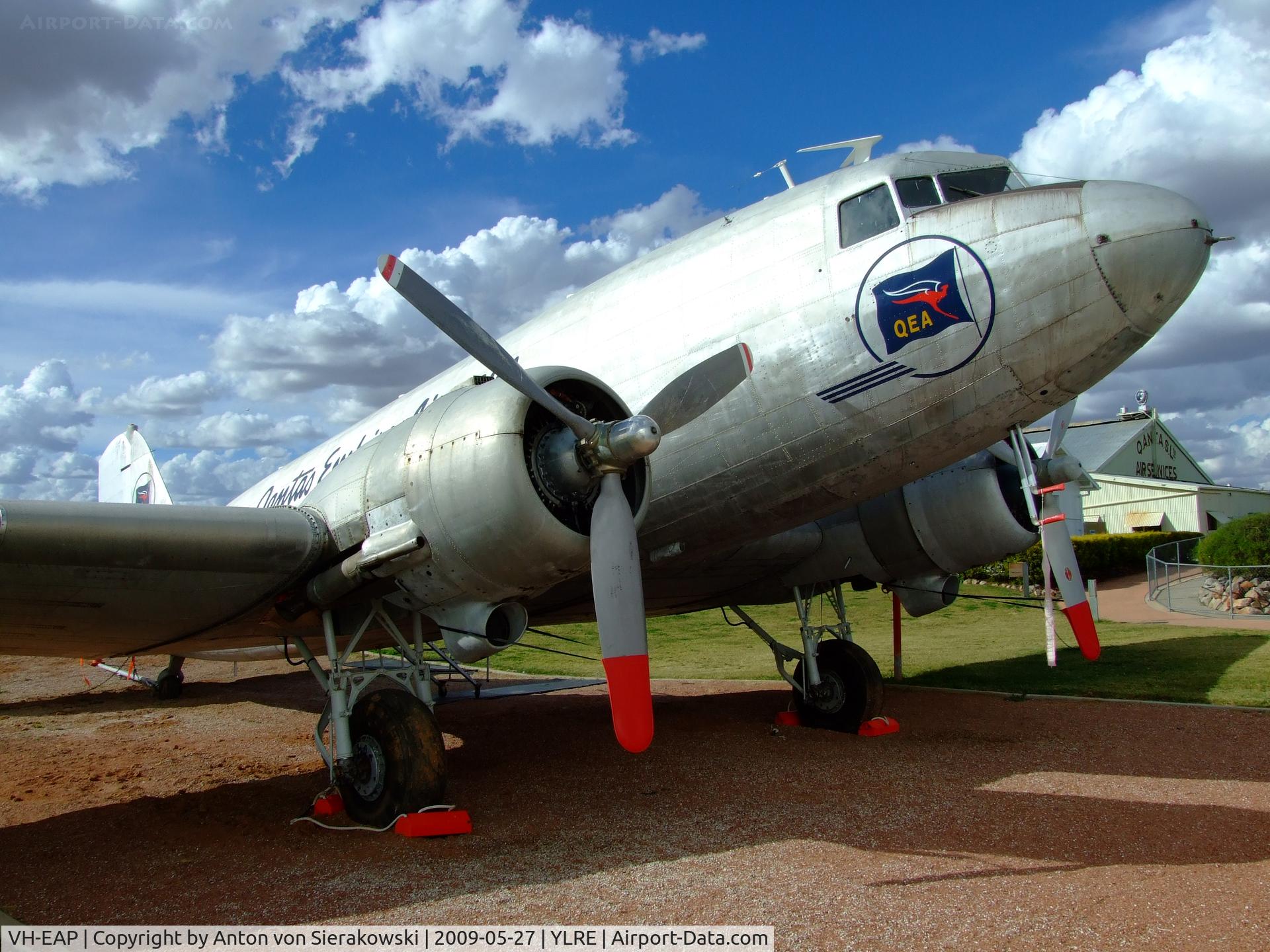 VH-EAP, Douglas DC-3 (C-47A) C/N 12873, VH-EAP @ YLRE Douglas DC-3 (C-47 conversion) (CN: 17696). Static display at Qantas Museum at Longreach, Qld, Au. Now VH-EAP is a Cessna 172N/A1 SN: 17271257.
