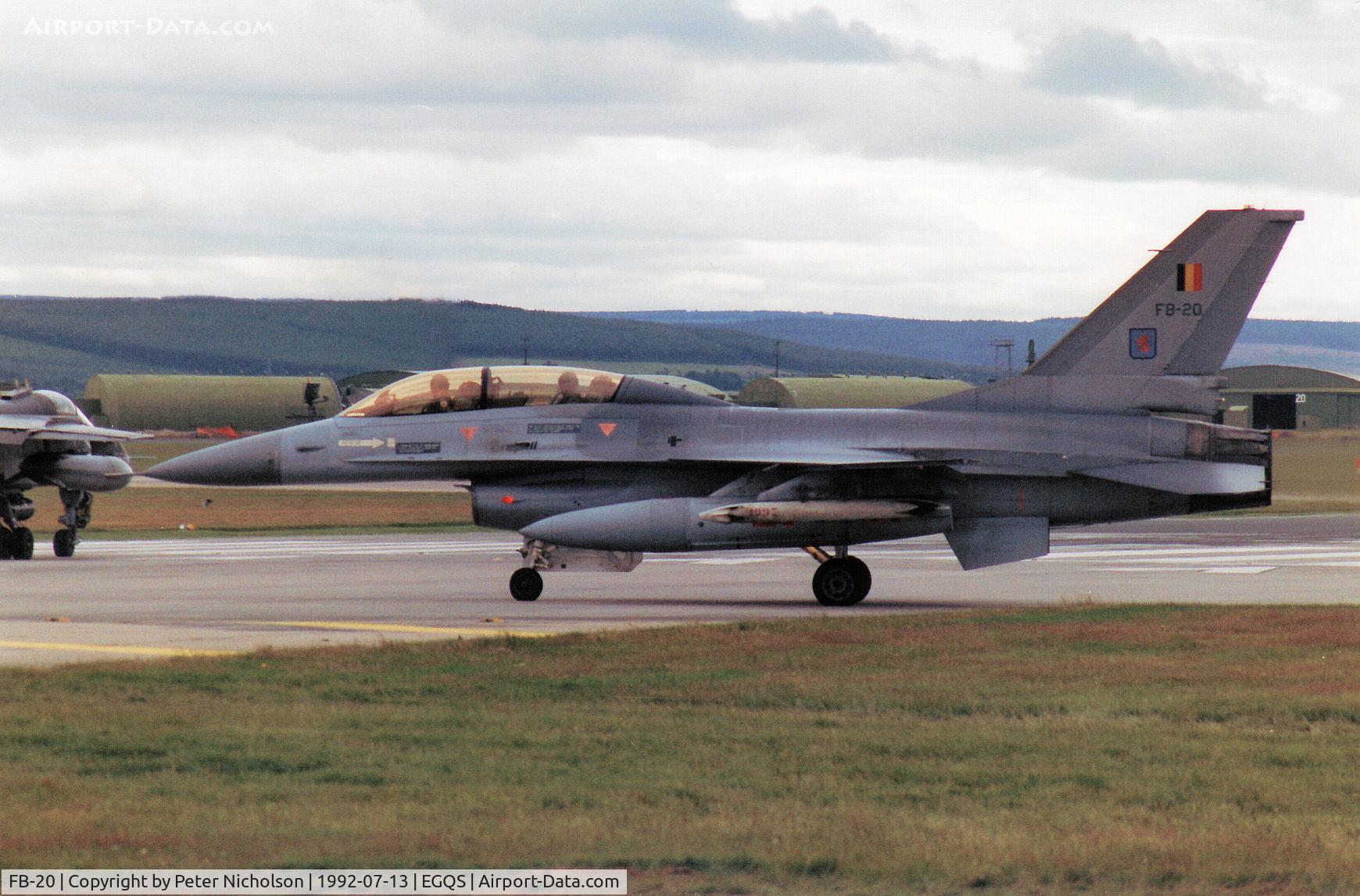 FB-20, 1980 General Dynamics F-16BM Fighting Falcon C/N 6J-20, F-16B Falcon of 10 Wing Belgian Air Force joining the active runway at RAF Lossiemouth in company with a 226 OCU Jaguar T.2A for a local mission in the Summer of 1992.