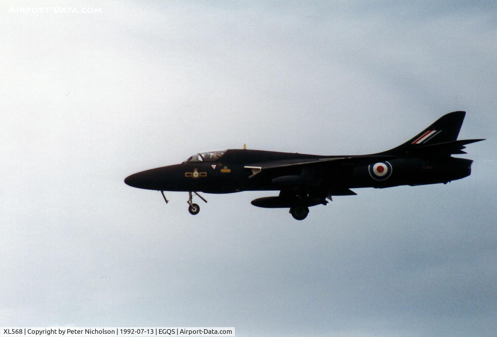 XL568, 1958 Hawker Hunter T.7A C/N 41H-693719, Hunter T.7A of 208 Squadron on final approach to RAF Lossiemouth in the Summer of 1992.