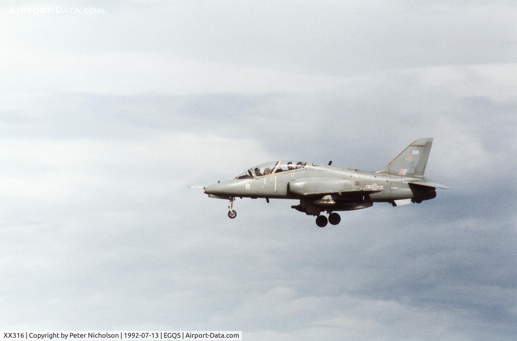 XX316, 1980 Hawker Siddeley Hawk T.1A C/N 158/312141, Hawk T.1A of 79 Squadron, callsign BDY 63, on final approach to RAF Lossiemouth in the Summer of 1992.