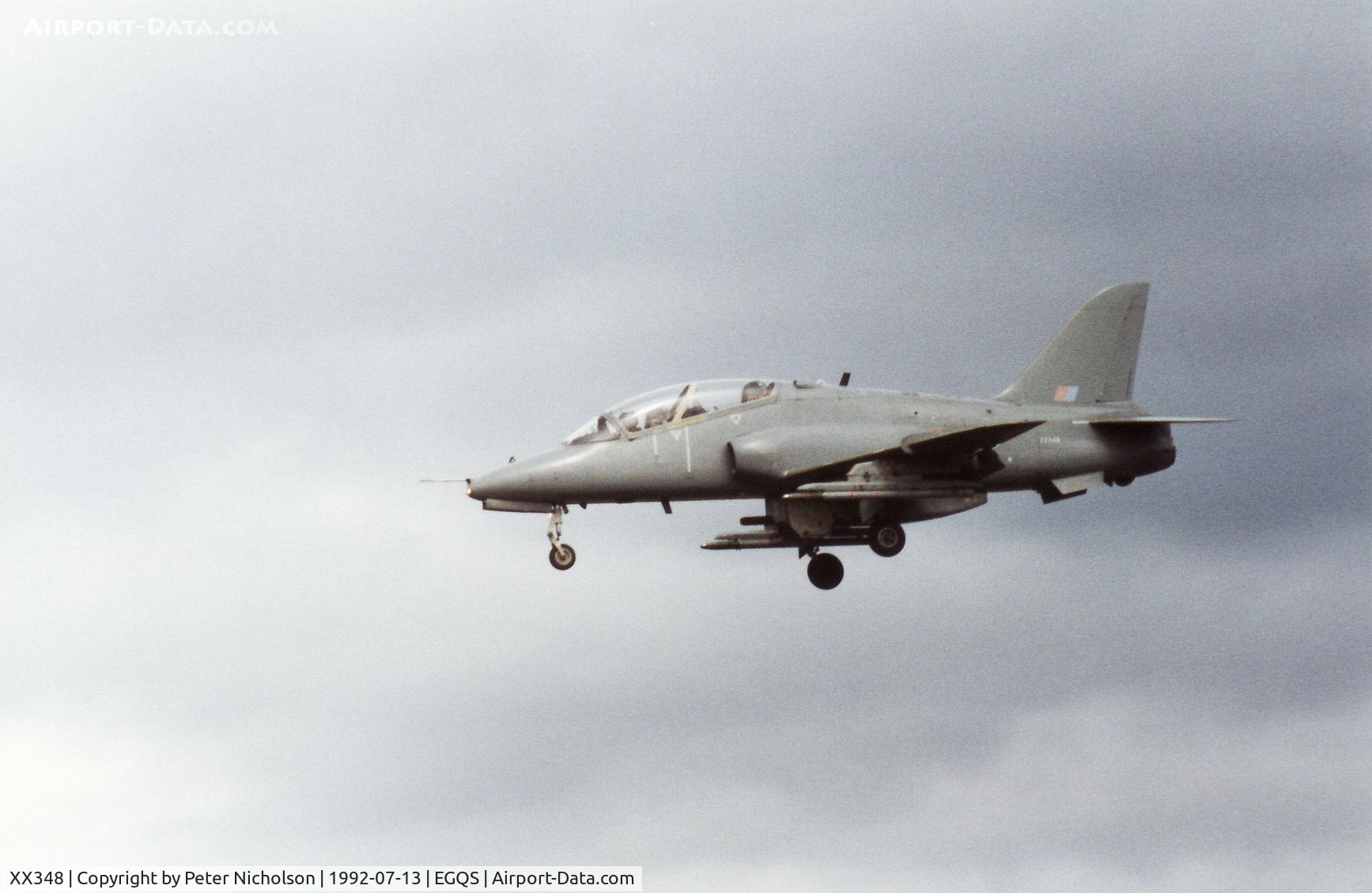 XX348, 1981 Hawker Siddeley Hawk T.1A C/N 197/312172, Hawk T.1A of 234 Squadron at RAF Brawdy on final approach to RAF Lossiemouth in the Summer of 1992.