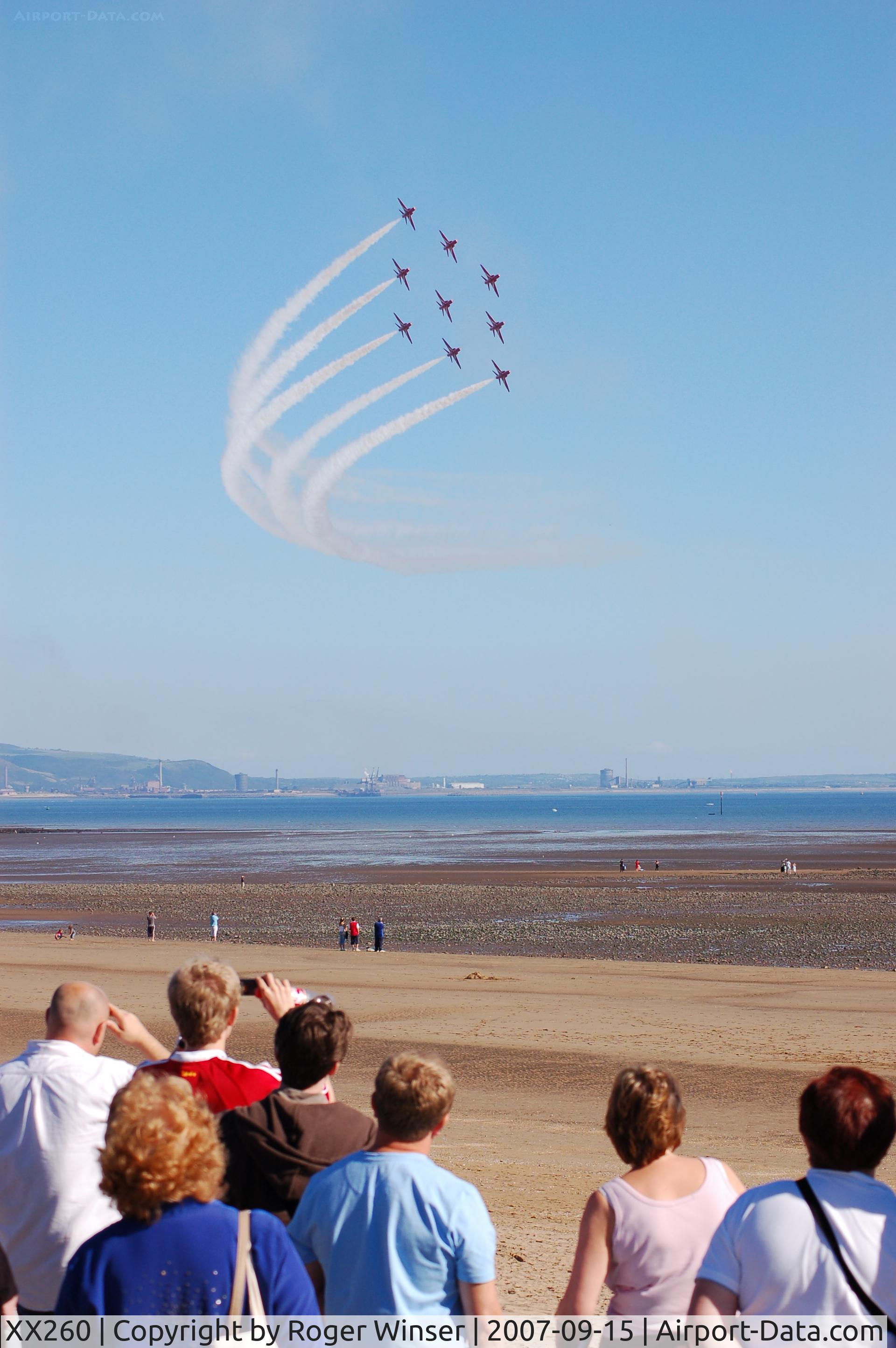 XX260, 1978 Hawker Siddeley Hawk T.1A C/N 096/312096, Off airport. The Red Arrows arriving in Diamond Nine formation at the Welsh Festival of the Air, Swansea Bay, Wales, UK in September 2007