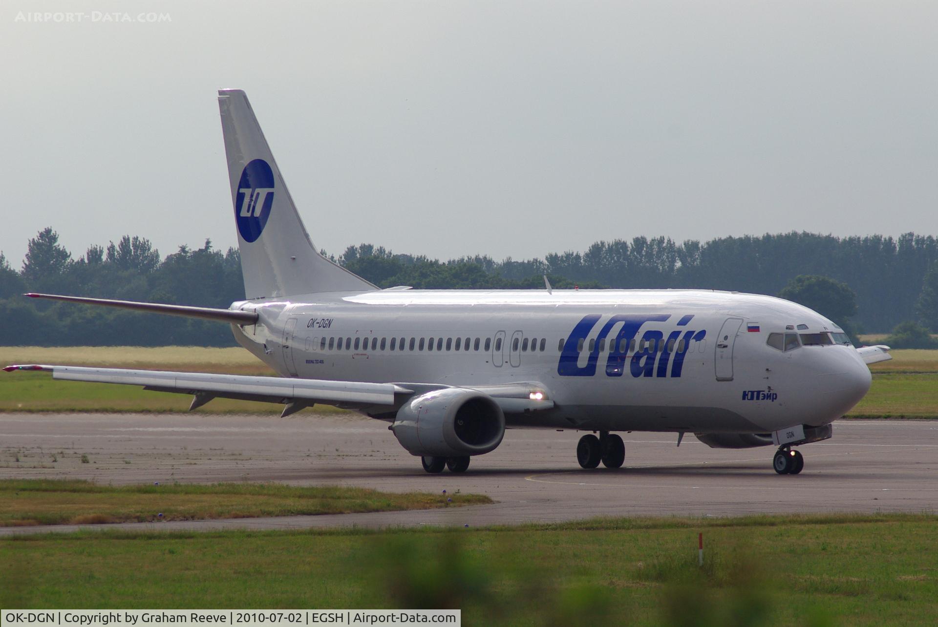 OK-DGN, Boeing 737-45S C/N 28474, About to depart from Norwich.