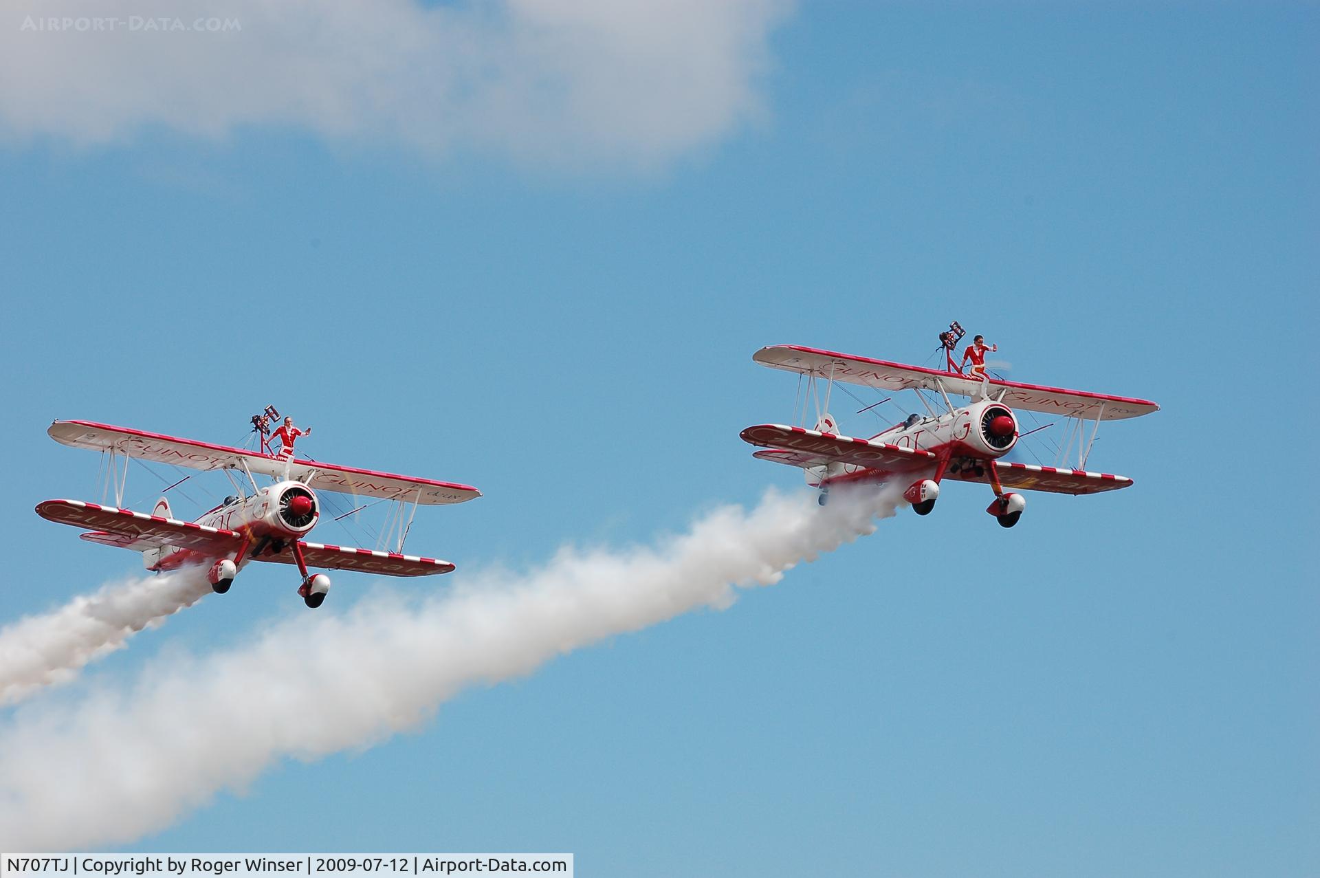 N707TJ, 1943 Boeing A75N1(PT17) C/N 75-950, Off airport. Trois/3 leads deux/2 (N74189) of Team Guinot at the Wales National Airshow, Swansea Bay, Wales, UK in July 2009.