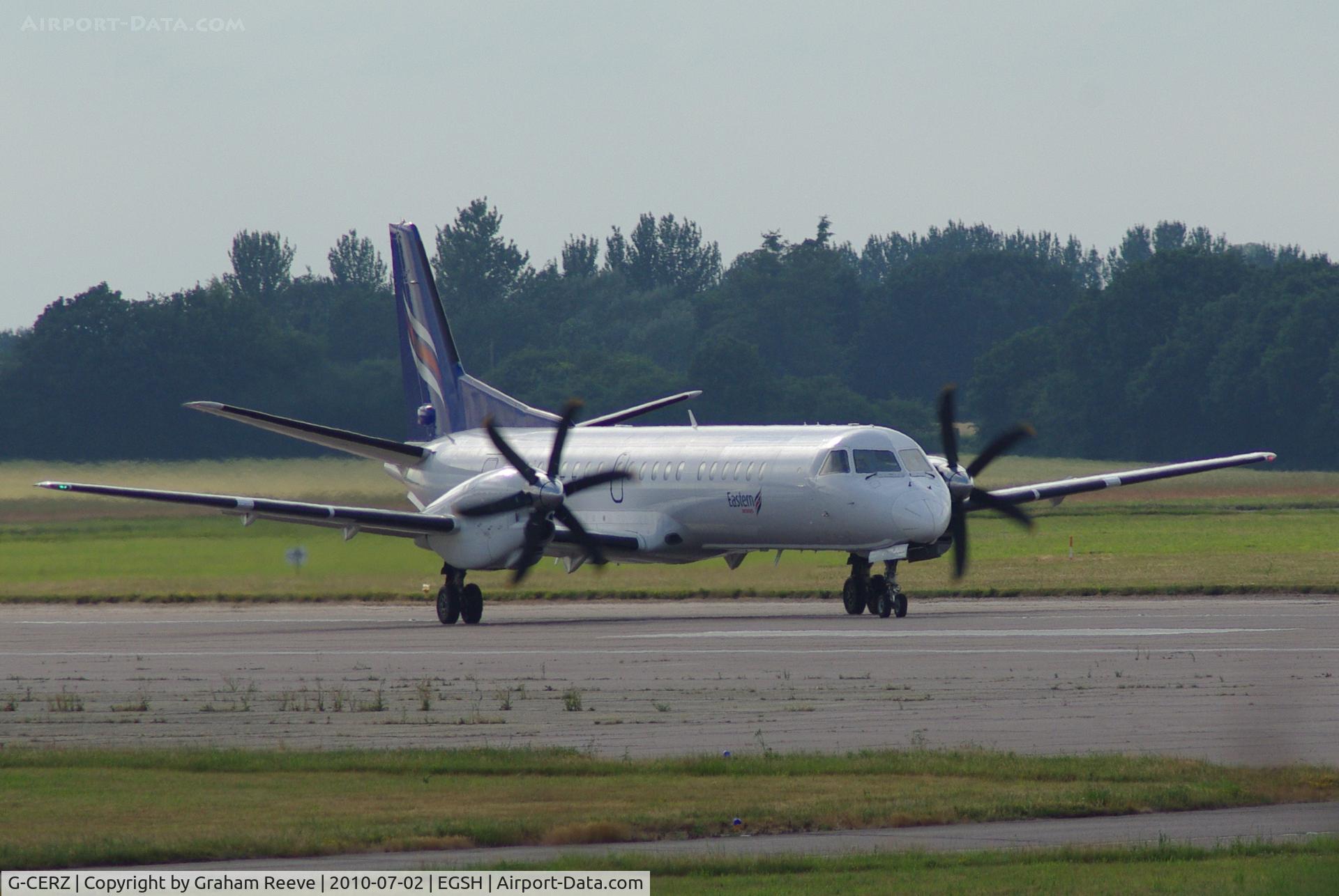 G-CERZ, 1997 Saab 2000 C/N 2000-042, About to depart from Norwich.