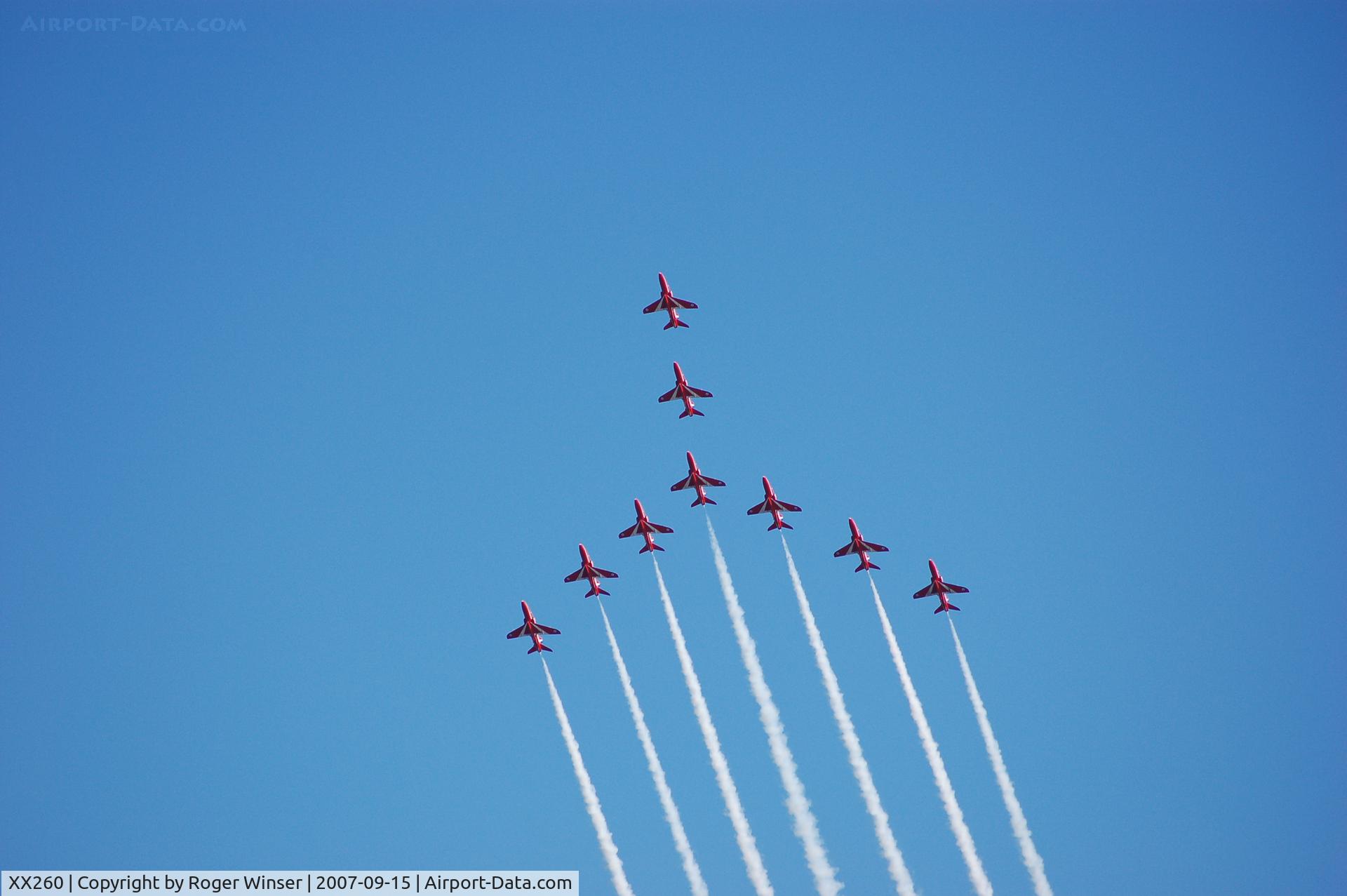 XX260, 1978 Hawker Siddeley Hawk T.1A C/N 096/312096, Off airport. The Red Arrows in Swan formation at the Welsh Festival of the Air, Swansea Bay, Wales, UK in September 2007