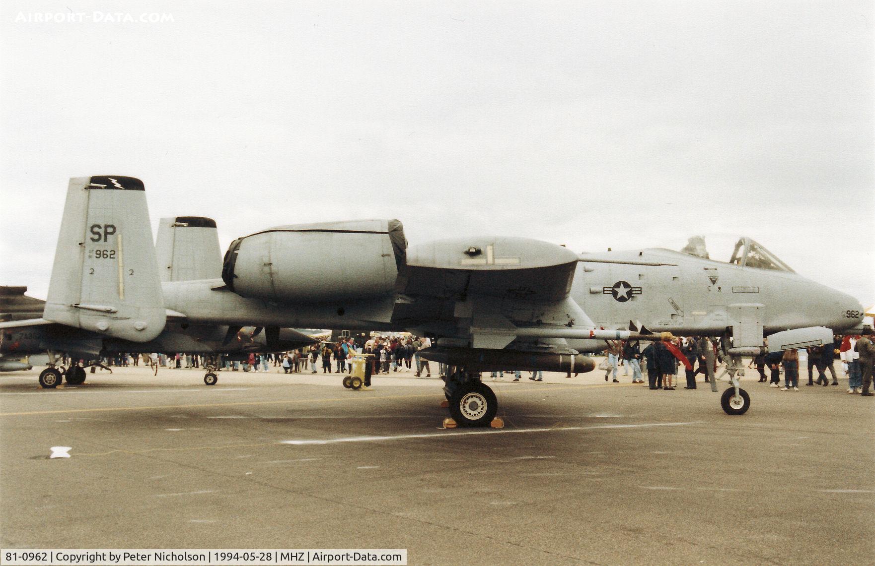 81-0962, 1981 Fairchild Republic A-10A Thunderbolt II C/N A10-0657, A-10A Thunderbolt of 510th Fighter Squadron/52nd Fighter Wing based at Spangdahlem on display at the 1994 RAF Mildenhall Air Fete.