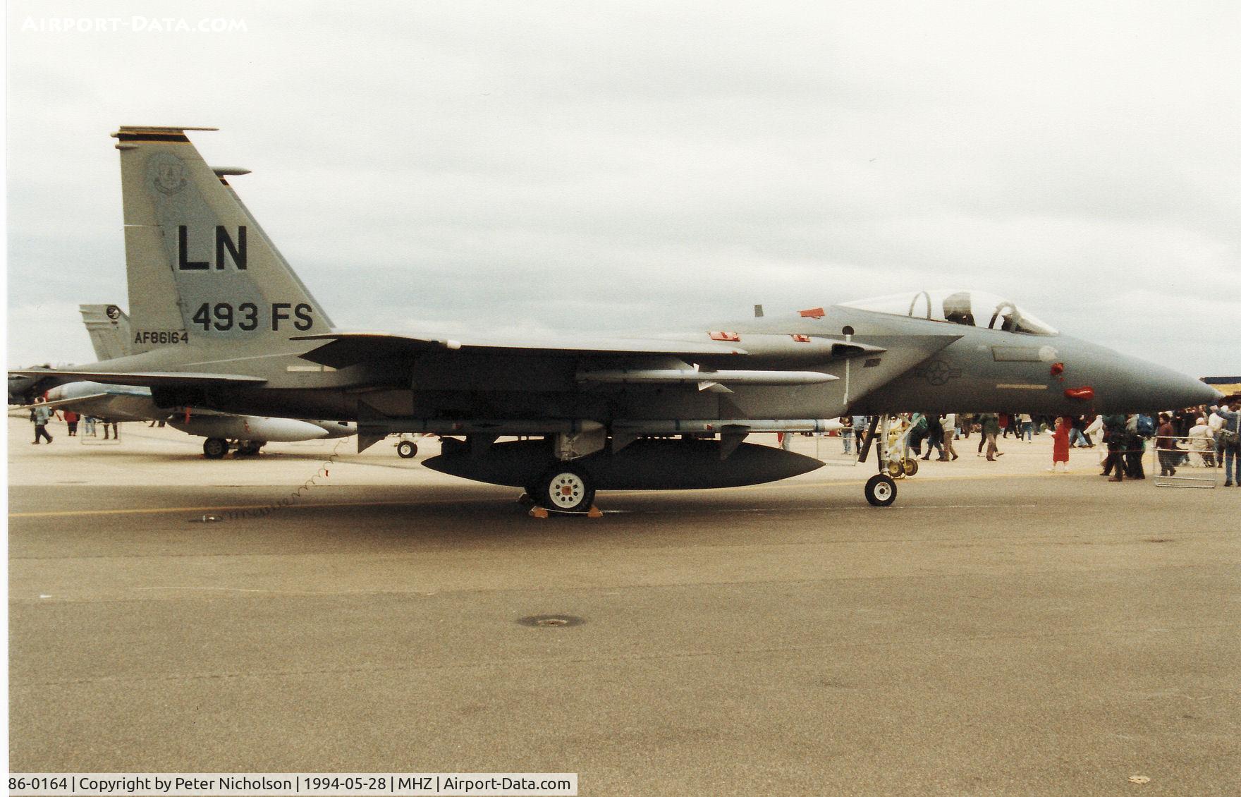 86-0164, 1986 McDonnell Douglas F-15C Eagle C/N 1011/C392, F-15C Eagle of RAF Lakenheath's 493rd Fighter Squadron with special markings for the Squadron Commander on display at the 1994 RAF Mildenhall Air Fete.