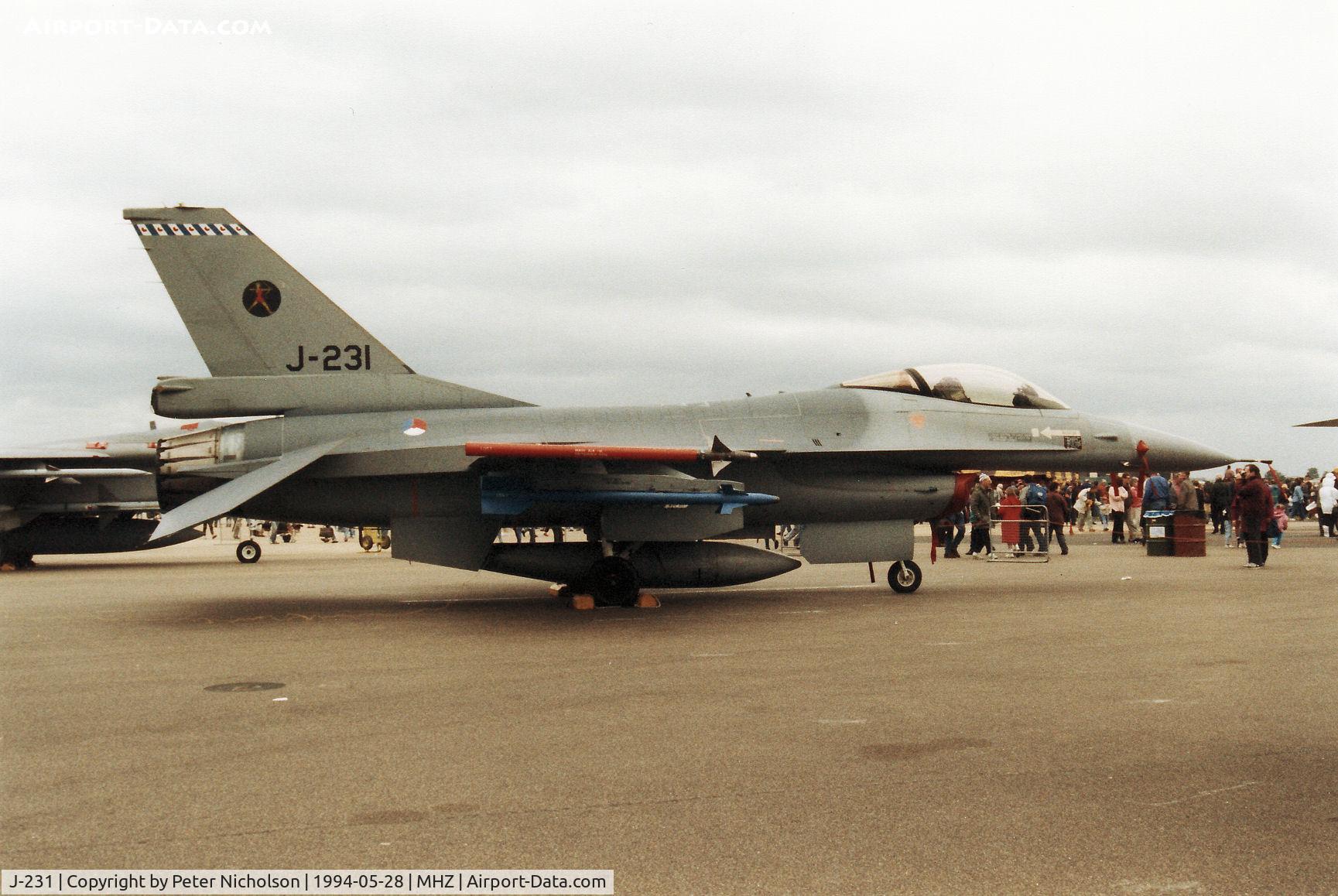 J-231, 1978 General Dynamics F-16A Fighting Falcon C/N 6D-20, F-16A Falcon of 322 Squadron Royal Netherlands Air Force on display at the 1994 RAF Mildenhall Air Fete.