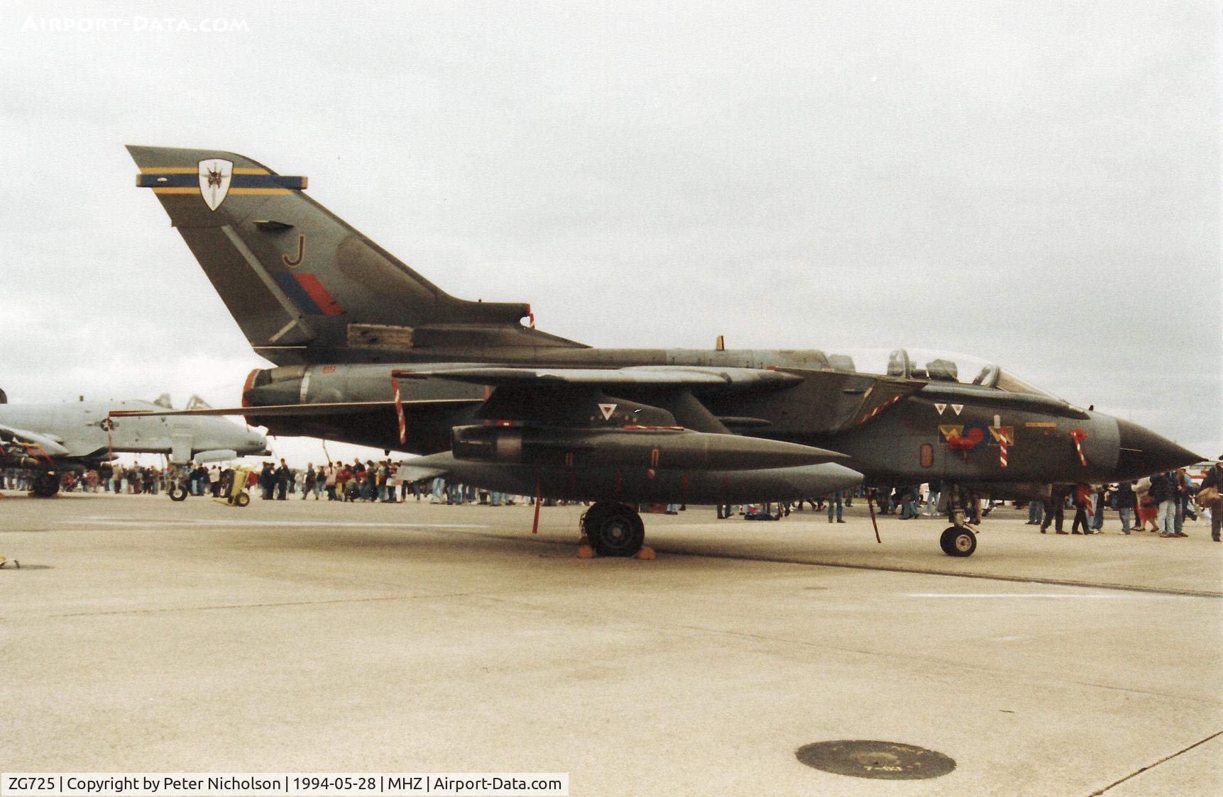 ZG725, 1990 Panavia Tornado GR.1A C/N 828/BS182/3399, Tornado GR.1A of 13 Squadron at RAF Marham on display at the 1994 RAF Mildenhall Air Fete.  Sadly, this aircraft was lost four months later when it crashed near Cape Frasca, Sardinia.