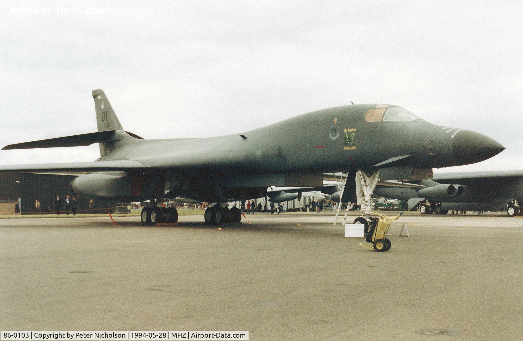 86-0103, 1986 Rockwell B-1B Lancer C/N 63, B-1B Lancer namedf The Reluctant Dragon from Dyess AFB's 23rd Bomb Squadron on displayh at the 1994 RAF Mildenhall Air Fete.