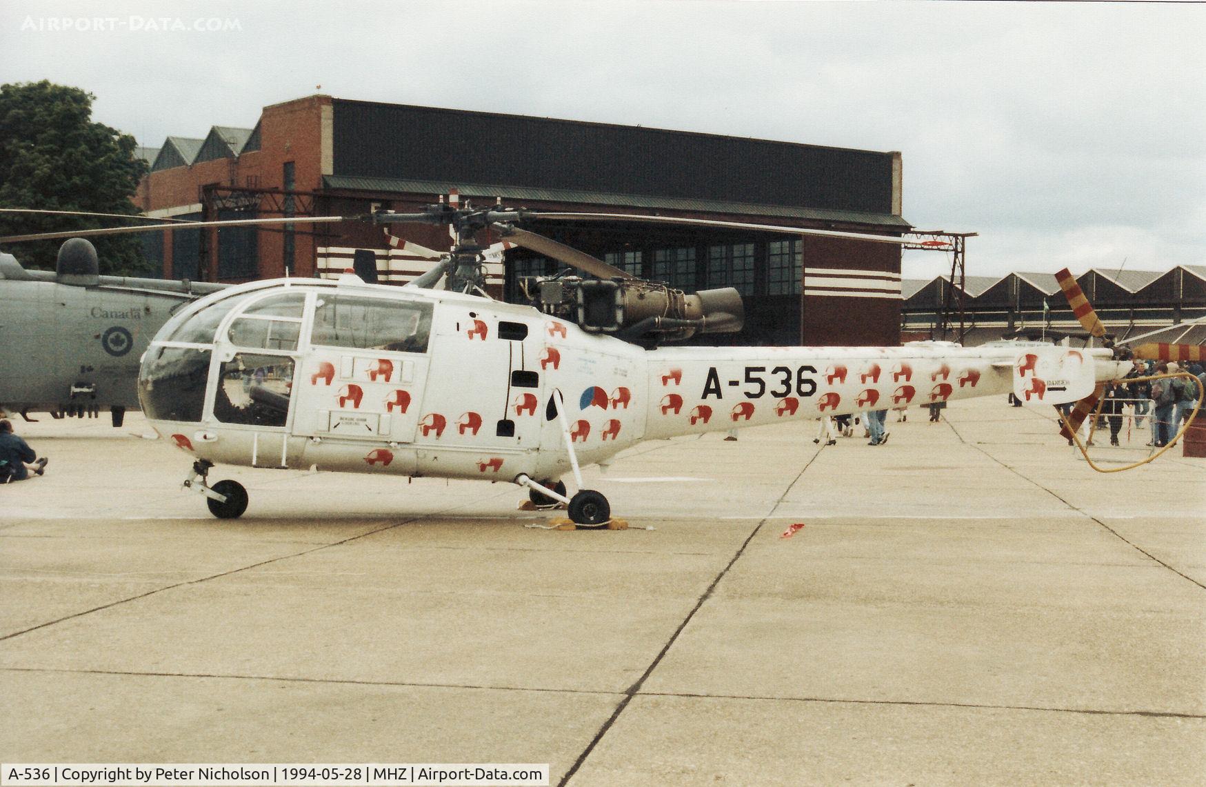 A-536, 1969 Sud SE-3160 Alouette III C/N 1536, Alouette III of 298 Squadron Royal Netherlands Air Force on display at the 1994 RAF Mildenhall Air Fete.