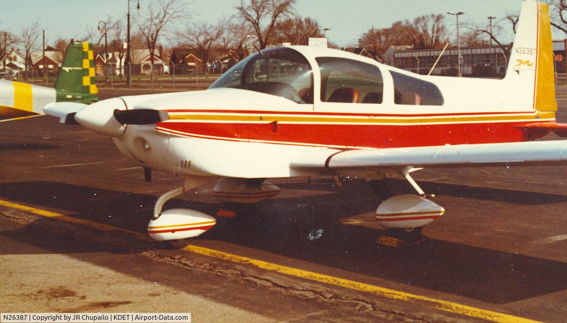 N26387, 1978 Grumman American AA-5A Cheetah C/N AA5A0555, N26387 at Detroit City Airport 1978.  Brand new aircraft operated by Longhorn Aviation Inc.