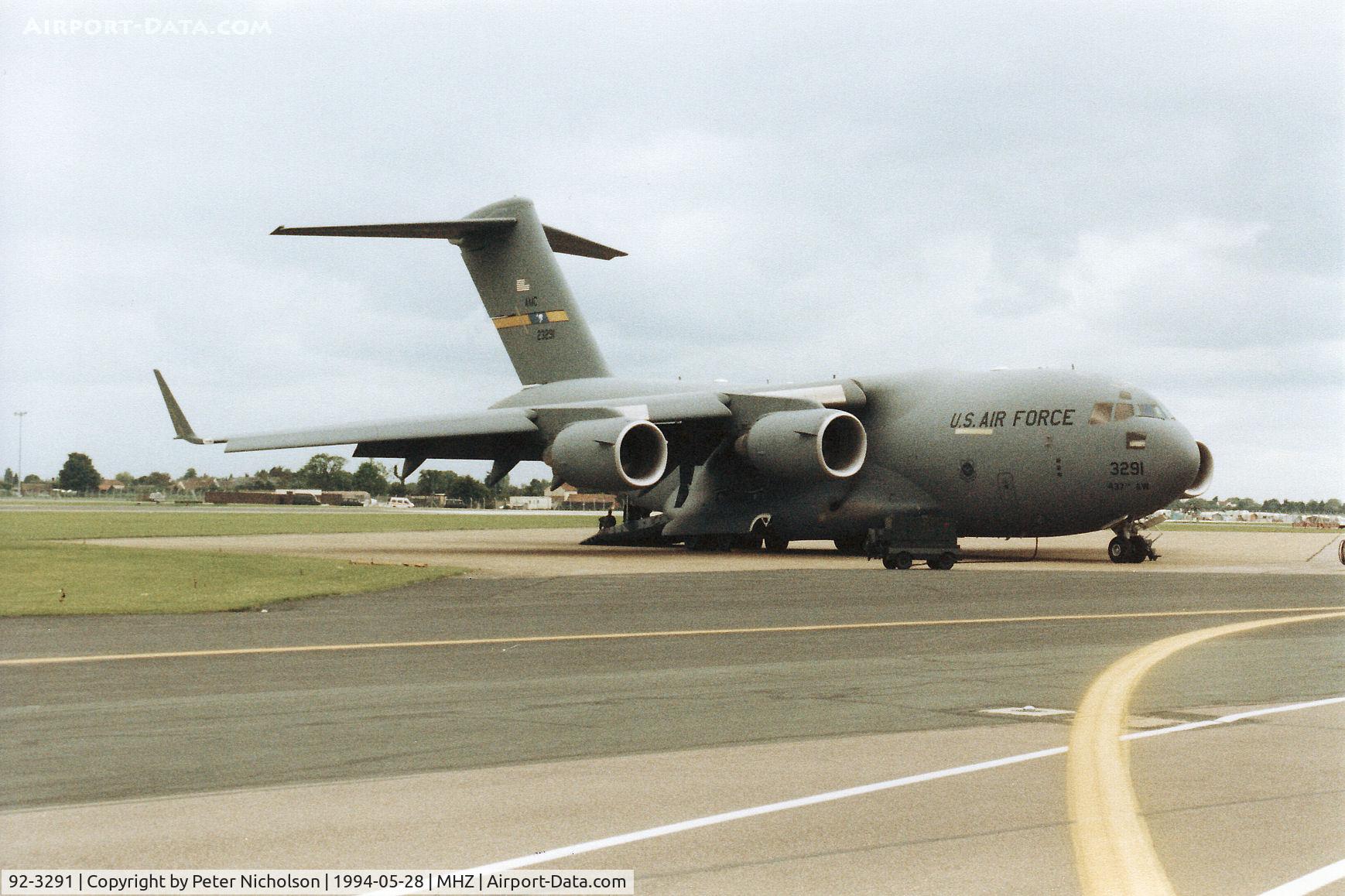 92-3291, 1992 McDonnell Douglas C-17A Globemaster III C/N P-11, C-17A Globemaster of 437th Airlift Wing at Charleston AFB on the flight-line at the 1994 Mildenhall Air Fete.