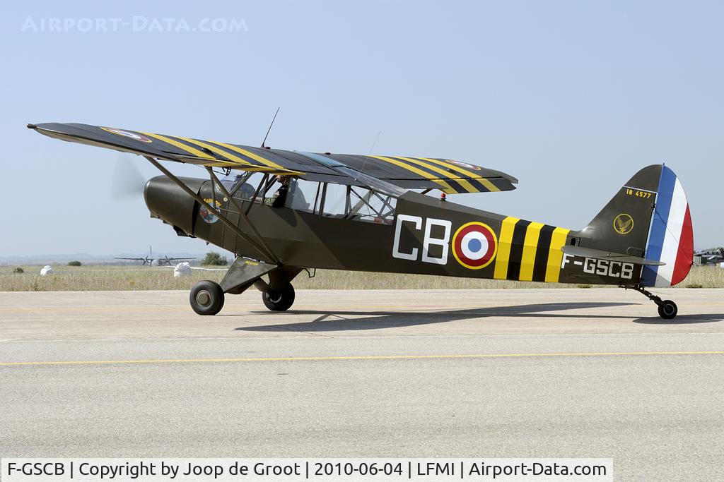 F-GSCB, Piper L-21B Super Cub C/N 18-4577, This warbird wears the black and yellow striping of Operation Musquetaire (Suez Crisis