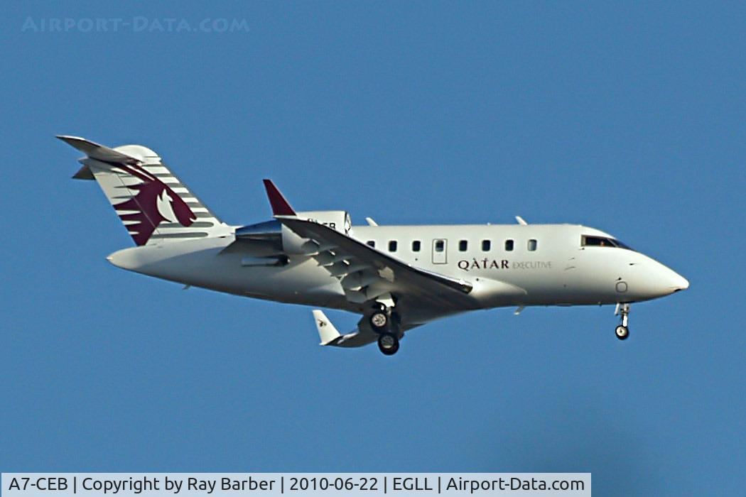 A7-CEB, 2008 Bombardier Challenger 605 (CL-600-2B16) C/N 5784, Canadair CL.605 Challenger [5784] Home~G 22/06/2010. Seen on finals 27L.