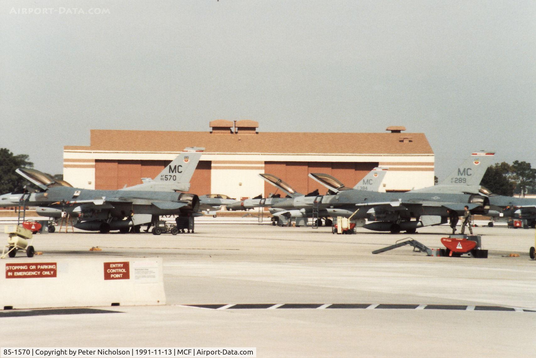 85-1570, 1986 General Dynamics F-16C Fighting Falcon C/N 5C-312, F-16C Falcon of 63rd Fighter Squadron/52nd Fighter Wing at MacDill AFB in November 1991.