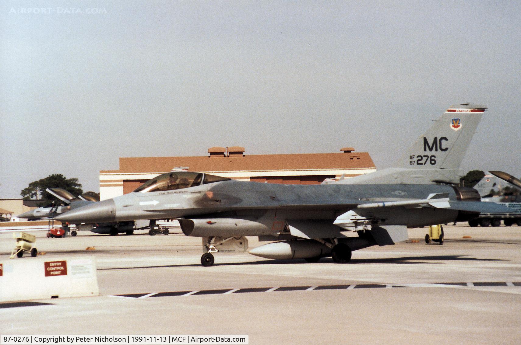 87-0276, 1987 General Dynamics F-16C Fighting Falcon C/N 5C-537, F-16C Falcon of 63rd Fighter Squadron/52nd Fighter Wing at MacDill AFB in November 1991.