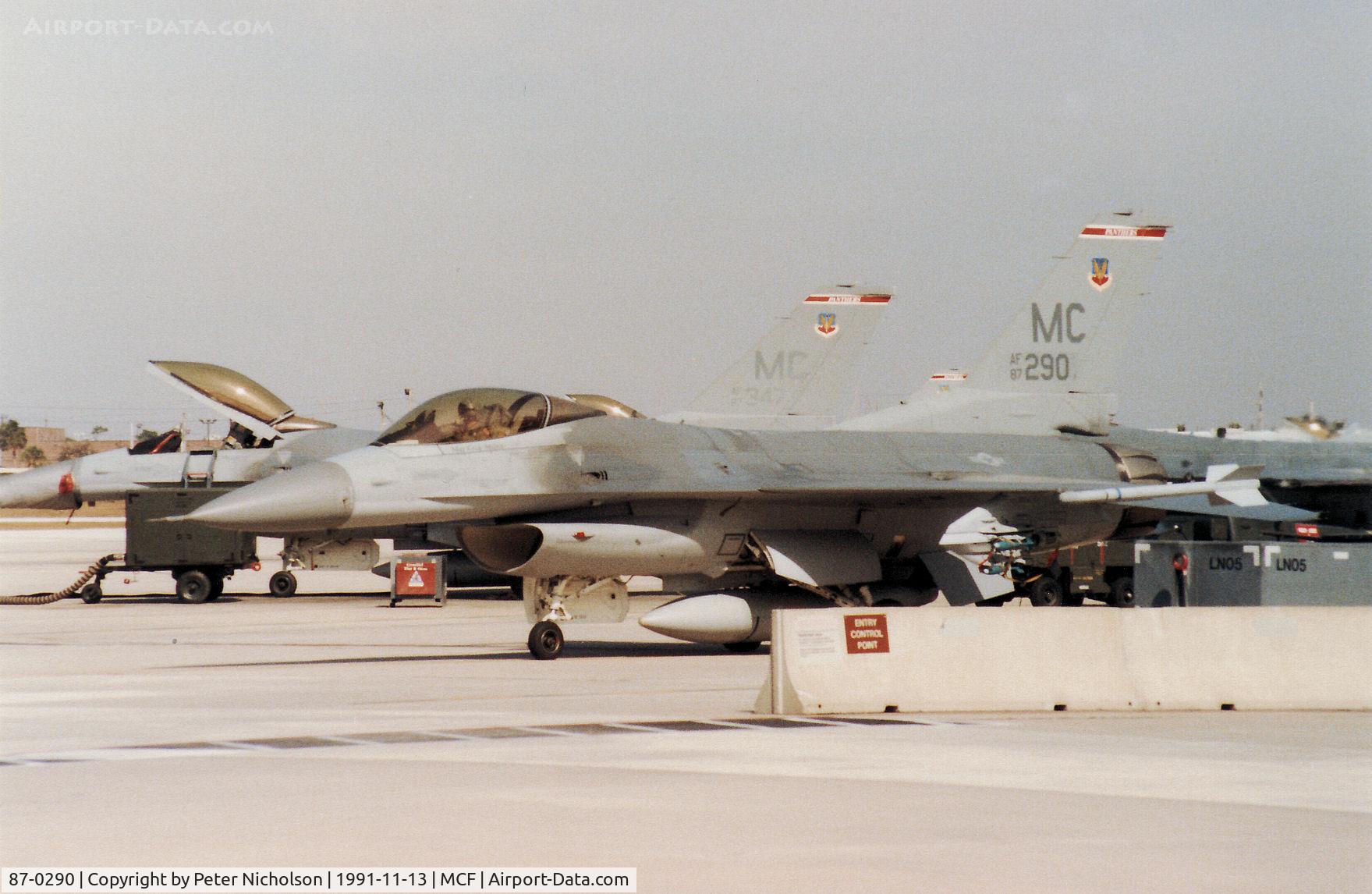 87-0290, 1987 General Dynamics F-16C Fighting Falcon C/N 5C-551, F-16C Falcon of 63rd Fighter Squadron/52nd Fighter Wing at MacDill AFB in November 1991.