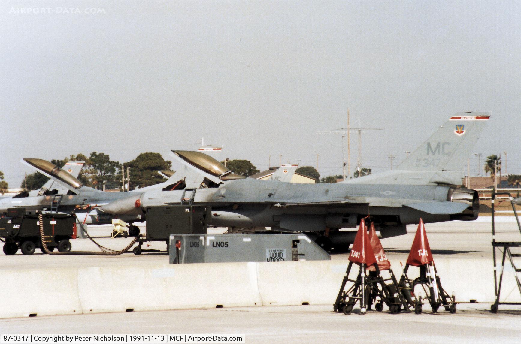 87-0347, 1987 General Dynamics F-16C Fighting Falcon C/N 5C-608, F-16C Falcon of 63rd Fighter Squadron/52nd Fighter Wing at MacDill AFB in November 1991.