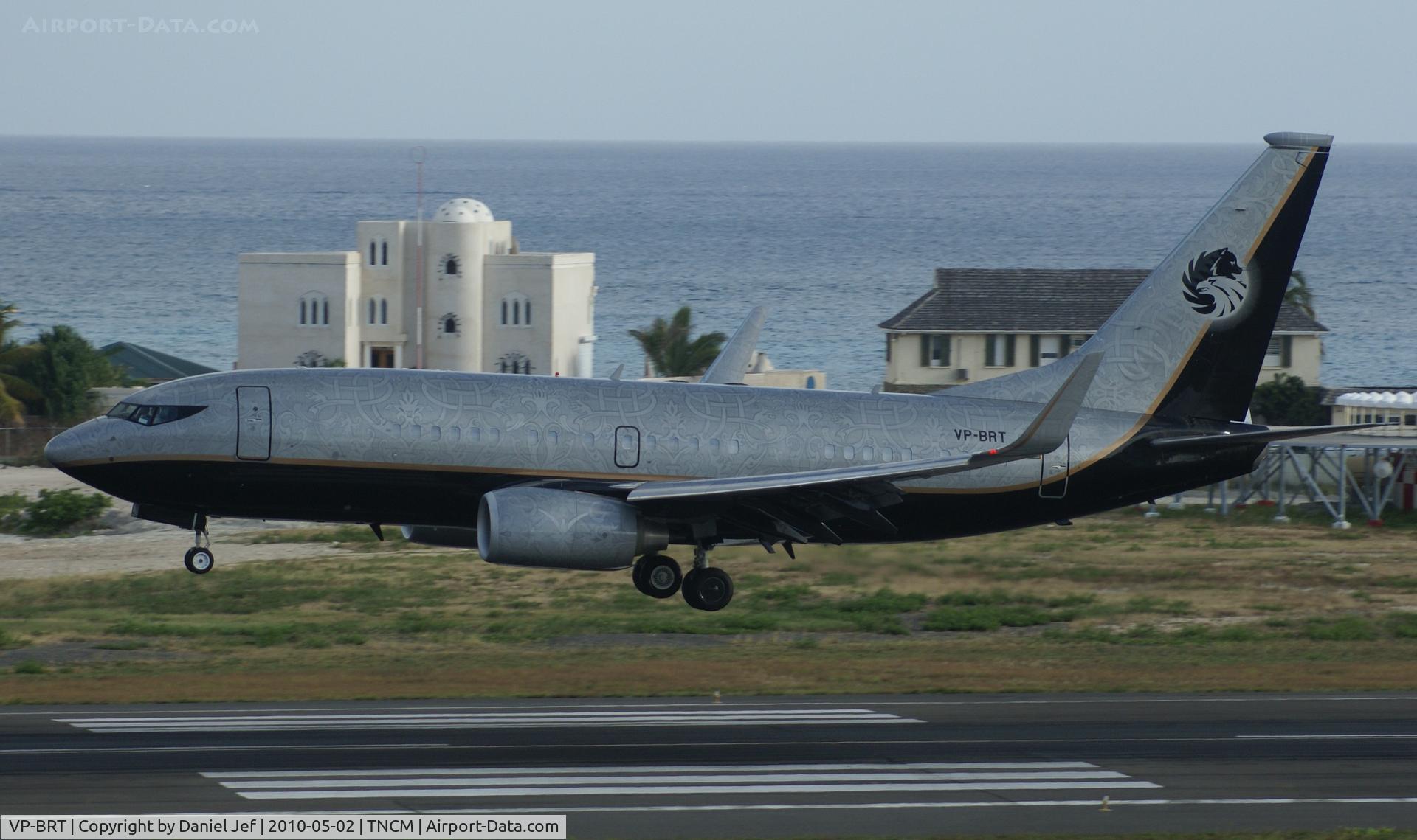 VP-BRT, 2001 Boeing 737-7BC C/N 32970, VP-BRT over the lines at TNCM runway 10