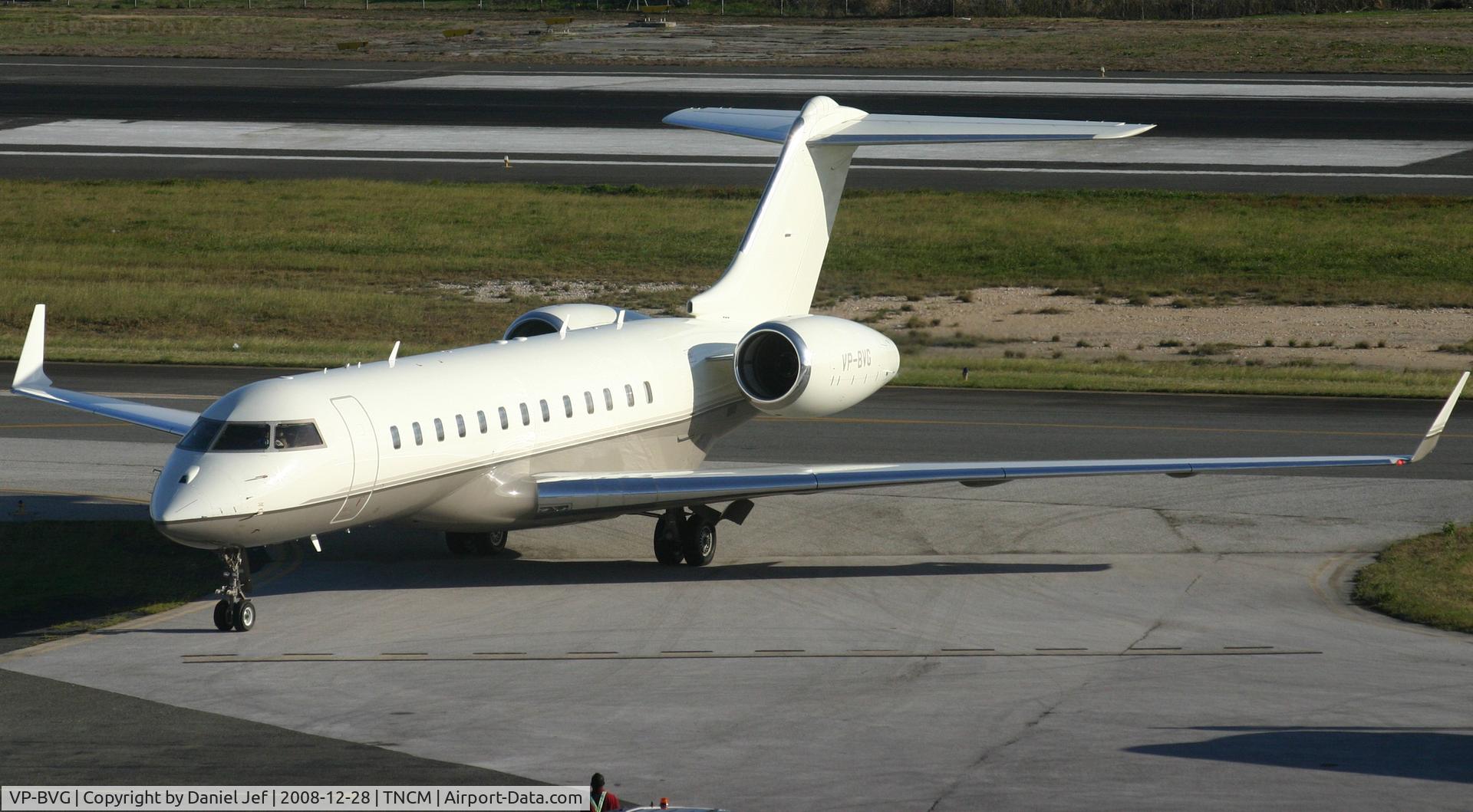VP-BVG, 2006 Bombardier BD-700-1A10 Global Express XRS C/N 9193, VP-BVG taxing to parking at the cargo ramp at TNCM