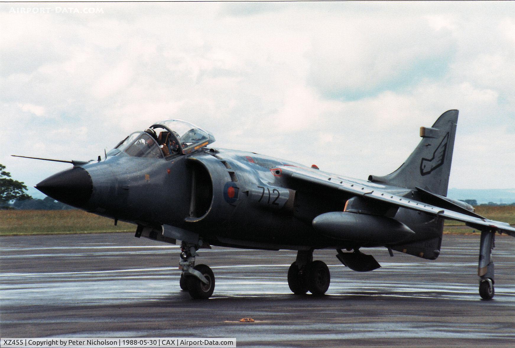 XZ455, 1979 British Aerospace Sea Harrier FRS.1 C/N 41H-912009, Sea Harrier FRS.1 of 899 Squadron at RNAS Yeovilton on a visit to Carlisle in May 1988.