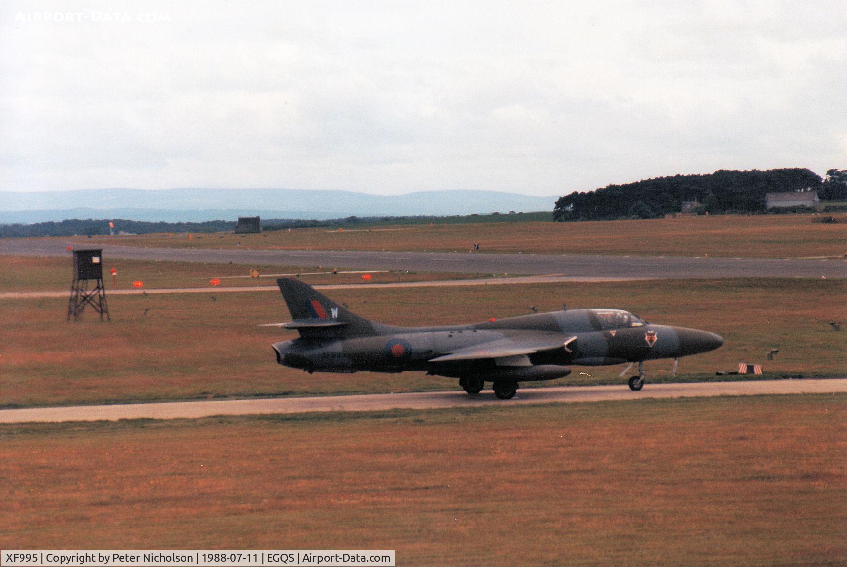 XF995, 1956 Hawker Hunter T.8B C/N HABL-003150, Hunter T.8B of 12 Squadron awaiting clearance to join the active runway at RAF Lossiemouth in the Summer of 1988.