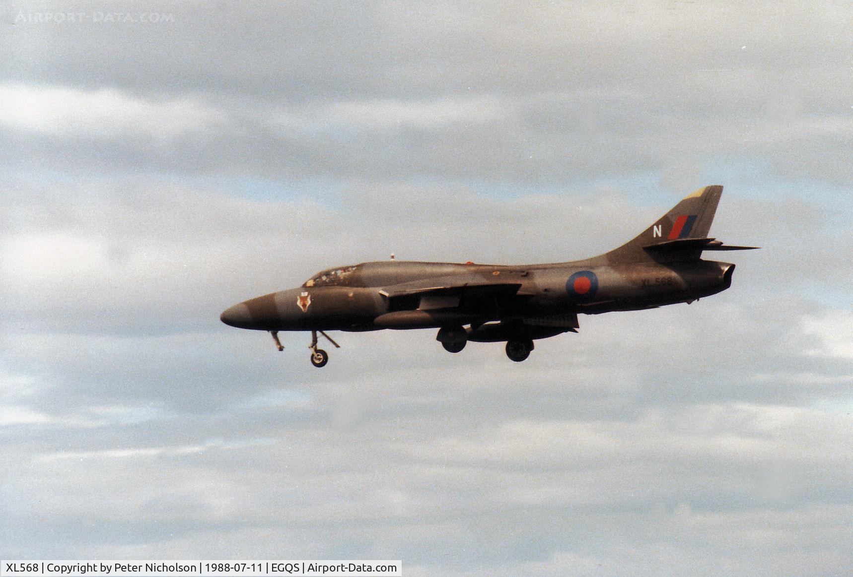 XL568, 1958 Hawker Hunter T.7A C/N 41H-693719, Hunter T.7A of 12 Squadron landing at RAF Lossiemouth in the Summer of 1988.