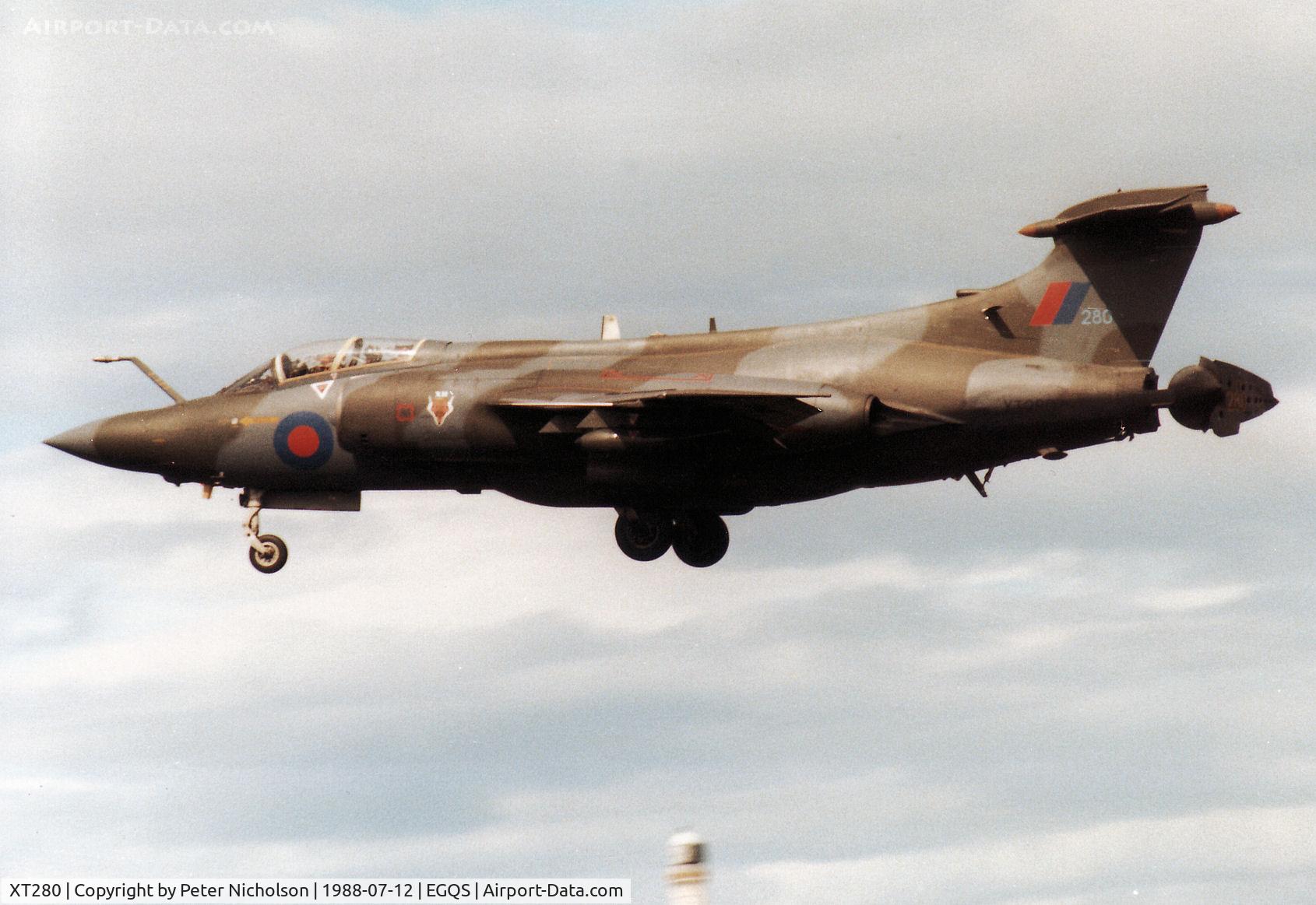 XT280, 1965 Hawker Siddeley Buccaneer S.2B C/N B3-02-65, Buccaneer S.2B of 12 Squadron landing at RAF Lossiemouth in the Summer of 1988.