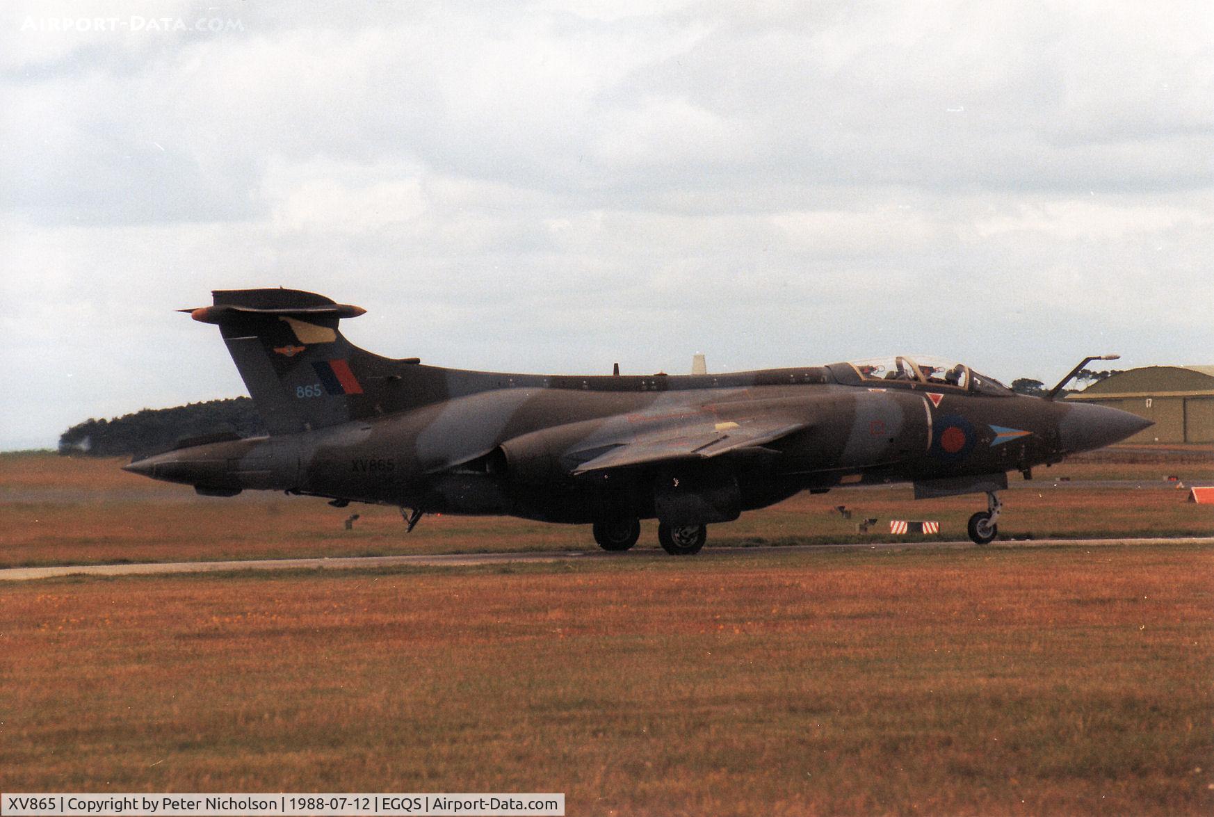XV865, 1968 Hawker Siddeley Buccaneer S.2B C/N B3-14-67, Buccaneer S.2B of 208 Squadron awaiting clearance to join the active runway at RAF Lossiemouth in the Summer of 1988.