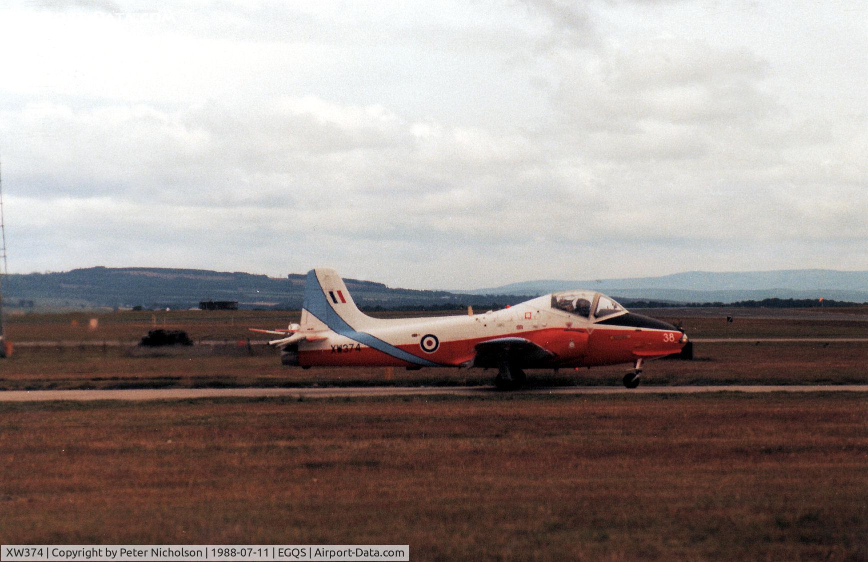 XW374, 1969 BAC 84 Jet Provost T.5A C/N EEP/JP/1024, Jet Provost T.5A of the Royal Air Force College Cranwell awaiting clearance to join the active runway at RAF Lossiemouth in the Summer of 1988.