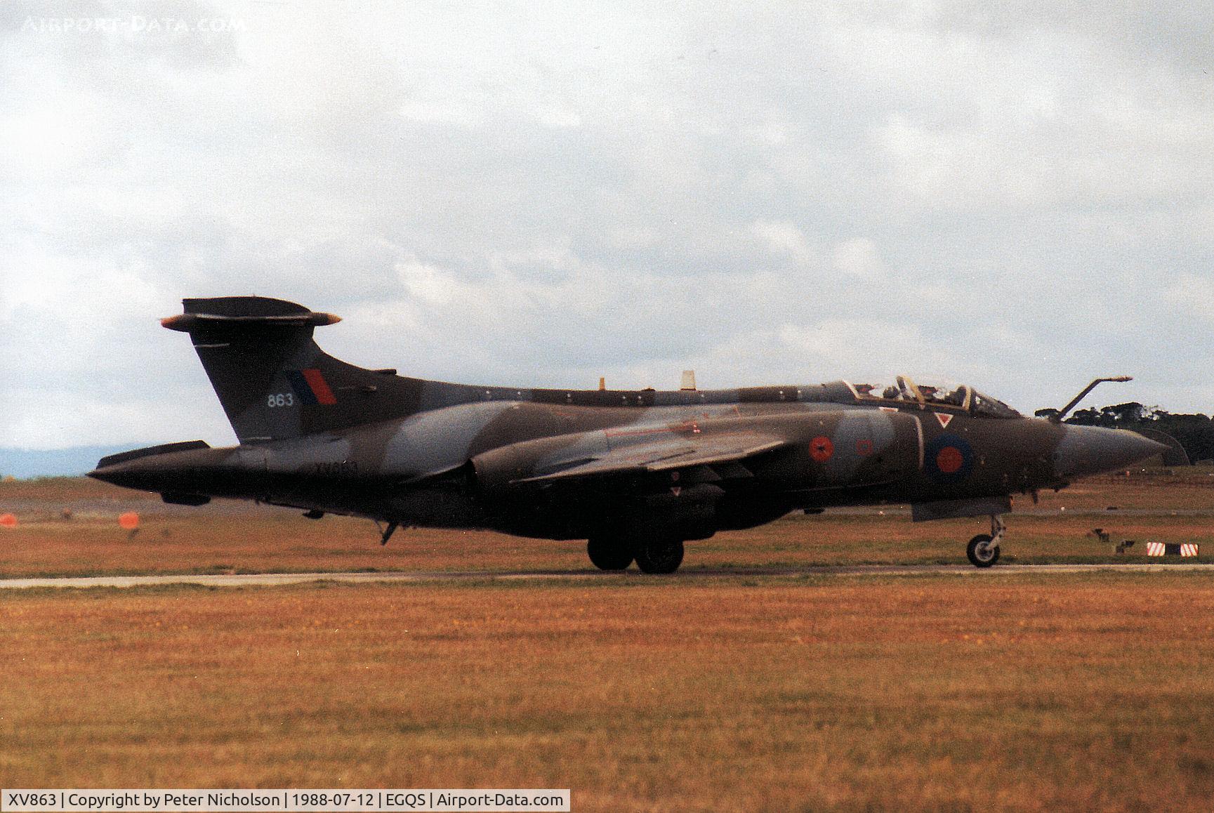 XV863, 1968 Hawker Siddeley Buccaneer S.2B C/N B3-12-67, Buccaneer S.2B of 237 Operational Conversion Unit awaiting clearance to join the active runway at RAF Lossiemouth in the Summer of 1988.