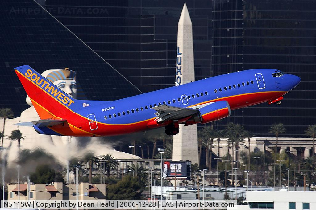N511SW, 1991 Boeing 737-5H4 C/N 24188, Southwest Airlines N511SW (FLT SWA187) climbing out from RWY 1R, in front of the Luxor Sphynx, enroute to Lubbock Preston Smith Int'l (KLBB). It was nice to see one of the 25 737-500s in Southwest's fleet.