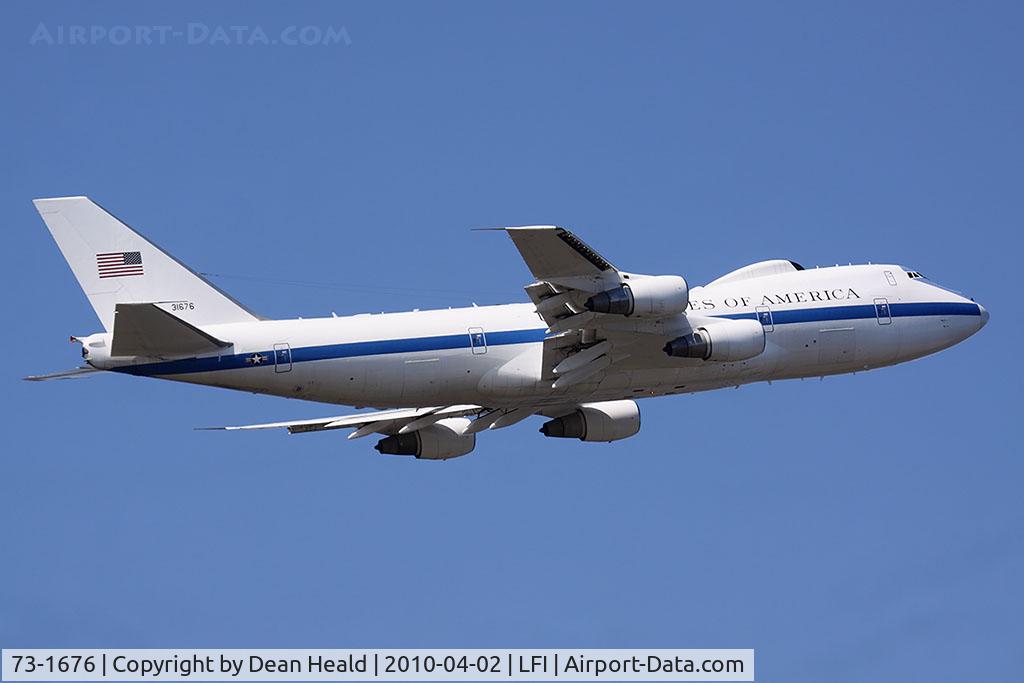 73-1676, 1973 Boeing E-4B C/N 20682, USAF Boeing E-4B 73-1676 climbing out from RWY 8 at Langley AFB, VA. This was the first of three E-4As, all of which have since been converted to E-4Bs. The only E-4B to come directly from the assembly line is 75-0125 (c/n 20949).