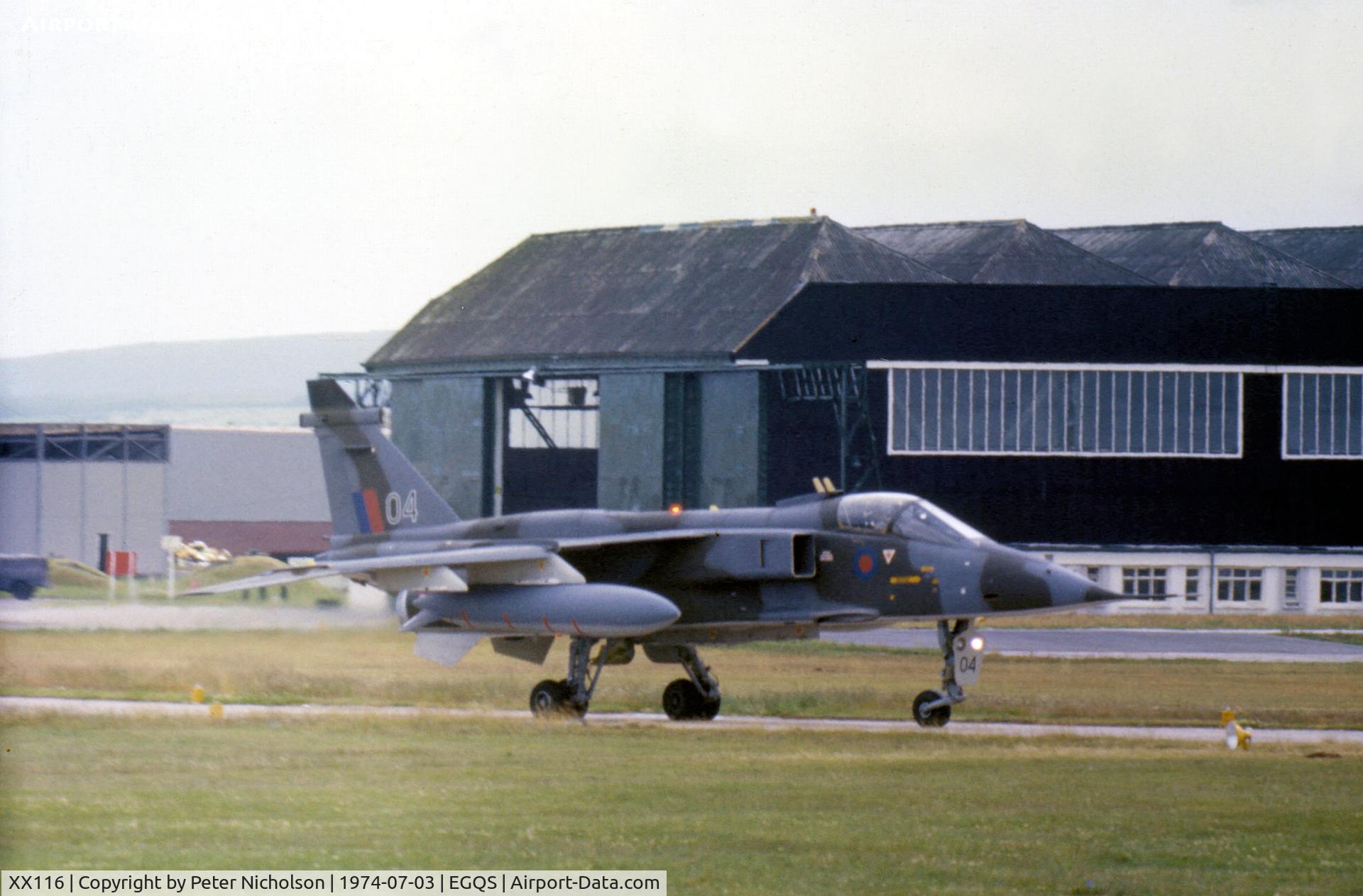 XX116, 1973 Sepecat Jaguar GR.1A C/N S.9, Jaguar GR.1 of 226 Operational Conversion Unit taxying at RAF Lossiemouth in the Summer of 1974.