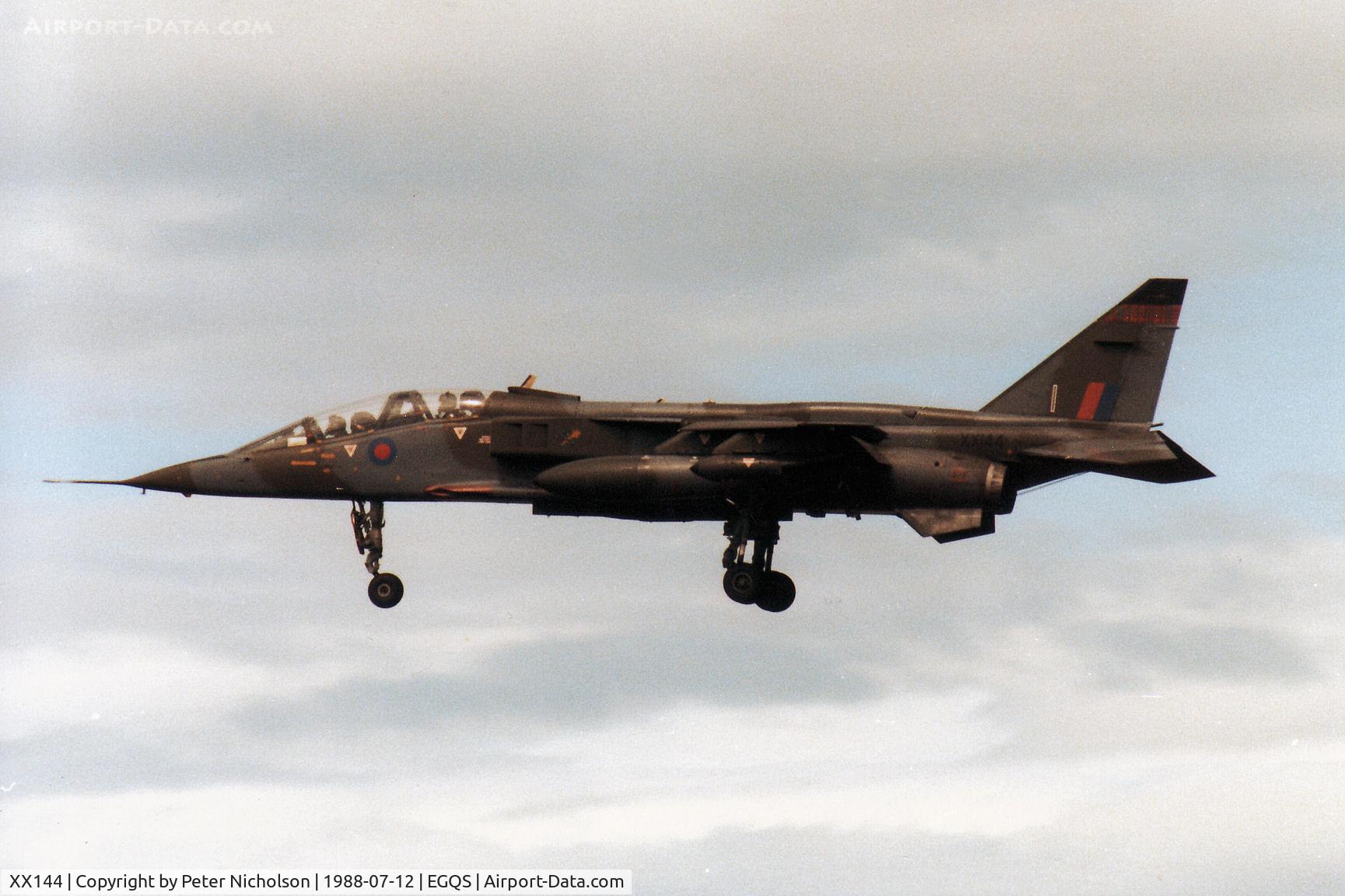 XX144, 1974 Sepecat Jaguar T.2A C/N B.9, Jaguar T.2A of 226 Operational Conversion Unit landing at RAF Lossiemouth in the Summer of 1988.
